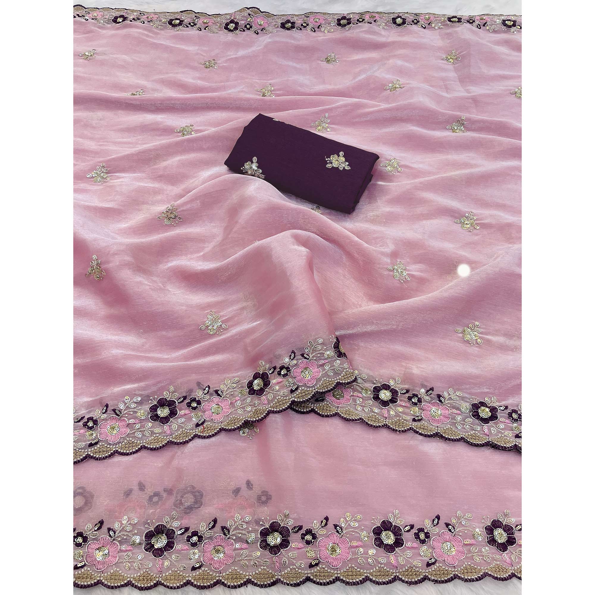 Onion Pink Jimmy Choo Chiffon Saree Adorned With Floral Embroidery & Delicate Sequins Work