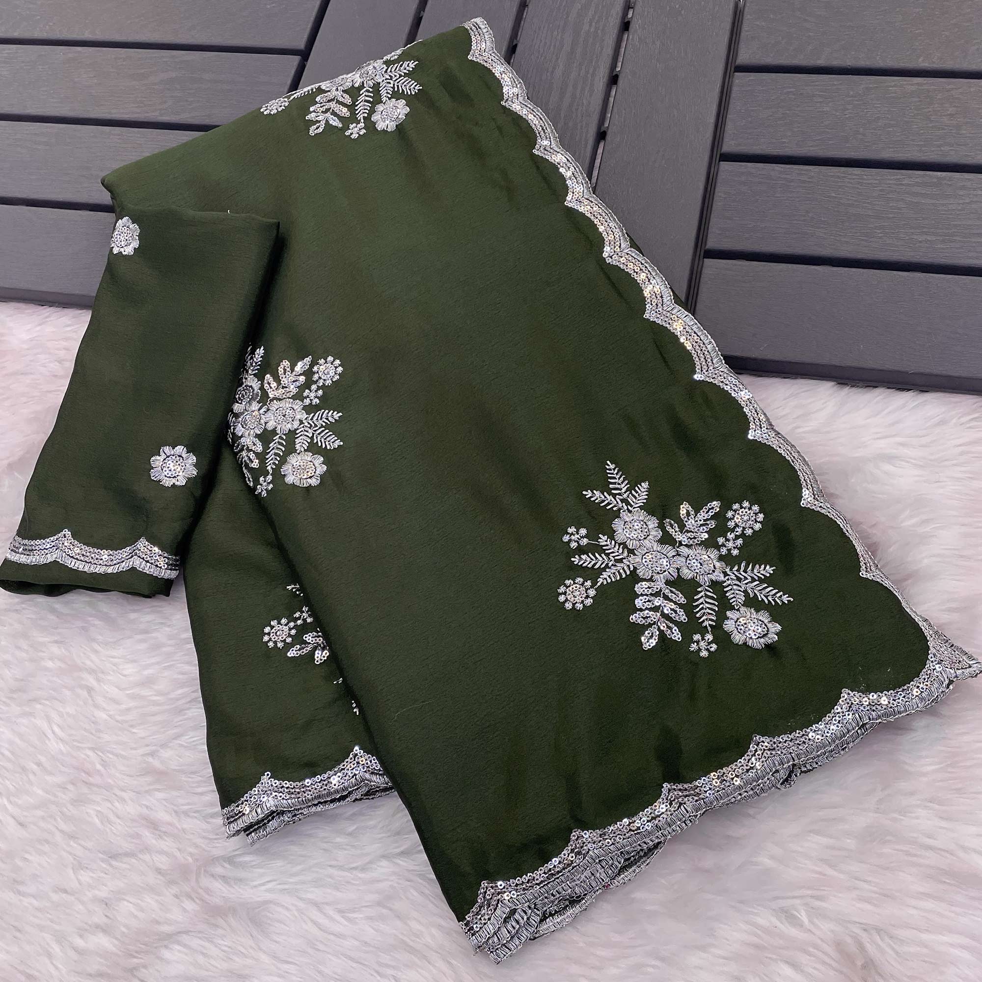 Green Chinon Saree Adorned With Zari Floral Embroidery & Gleaming Sequins Work