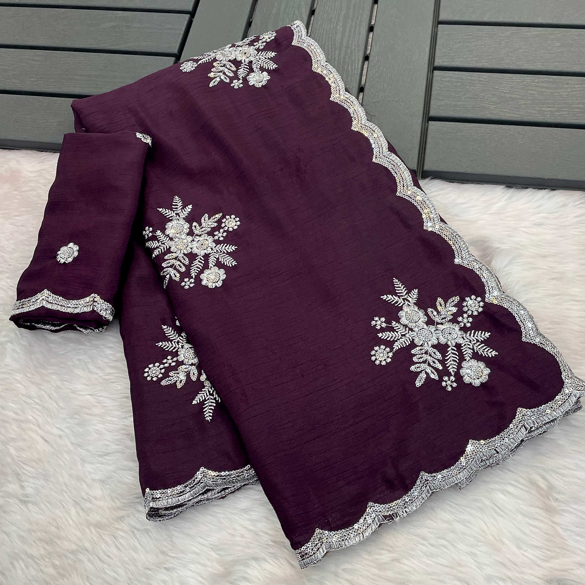 Wine Chinon Saree Adorned With Zari Floral Embroidery & Gleaming Sequins Work