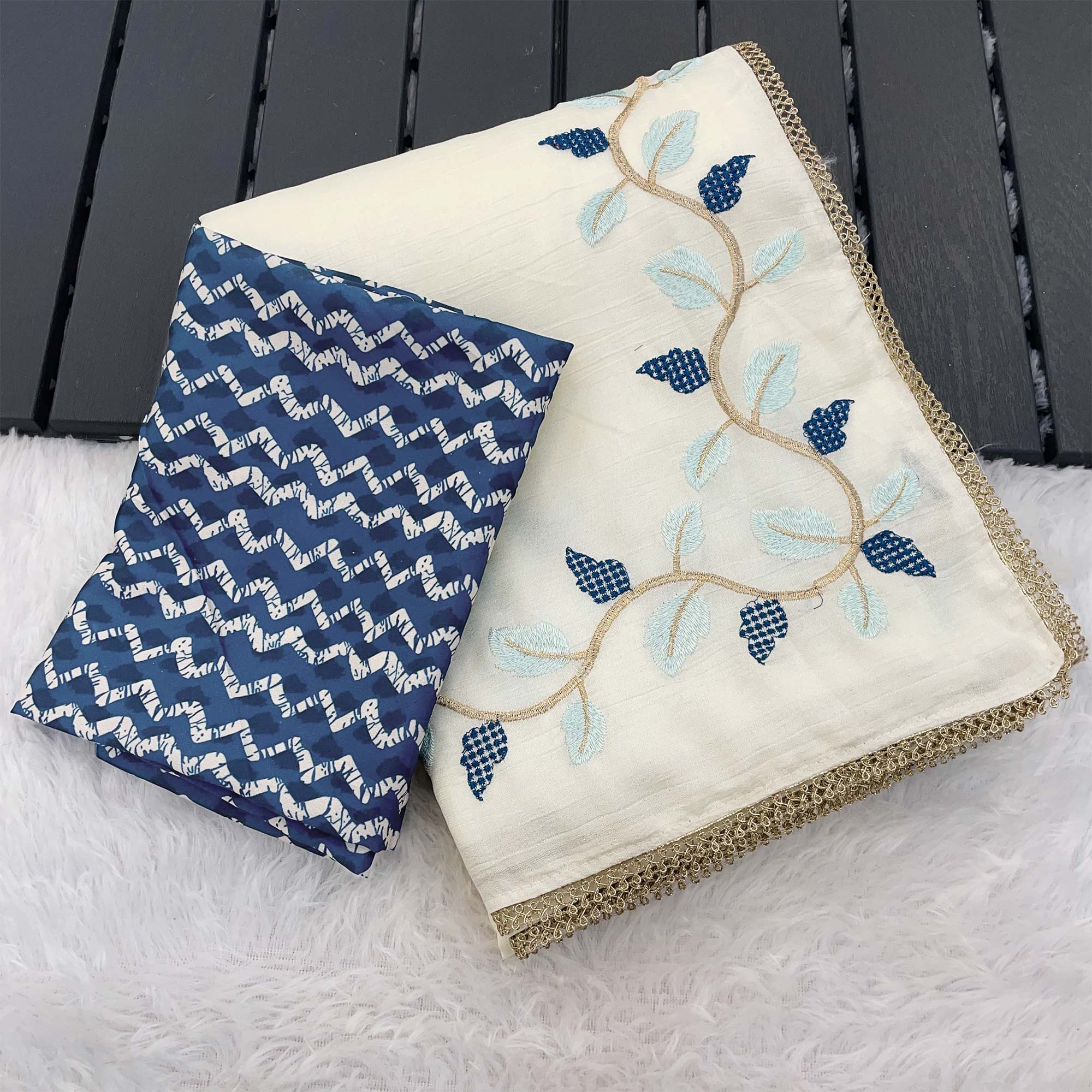 Timeless Offwhite & Blue Pure Silk Saree With Intricate Thread Embroidery And Delicate Lace Border