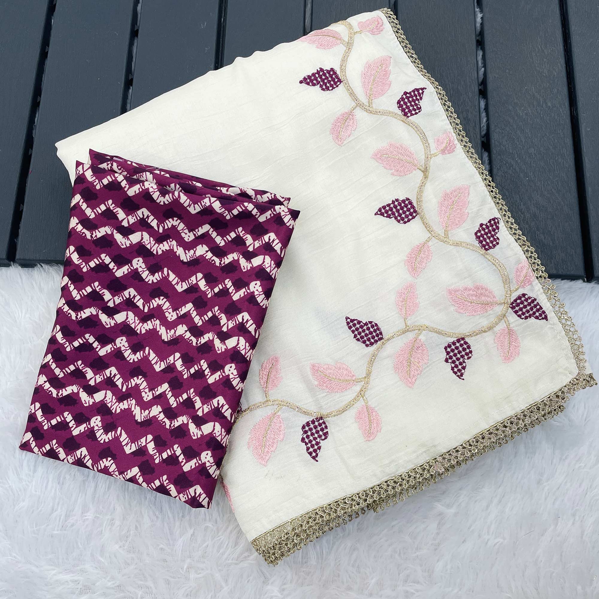 Graceful Offwhite & Wine Pure Silk Saree With Intricate Thread Embroidery And Delicate Lace Border