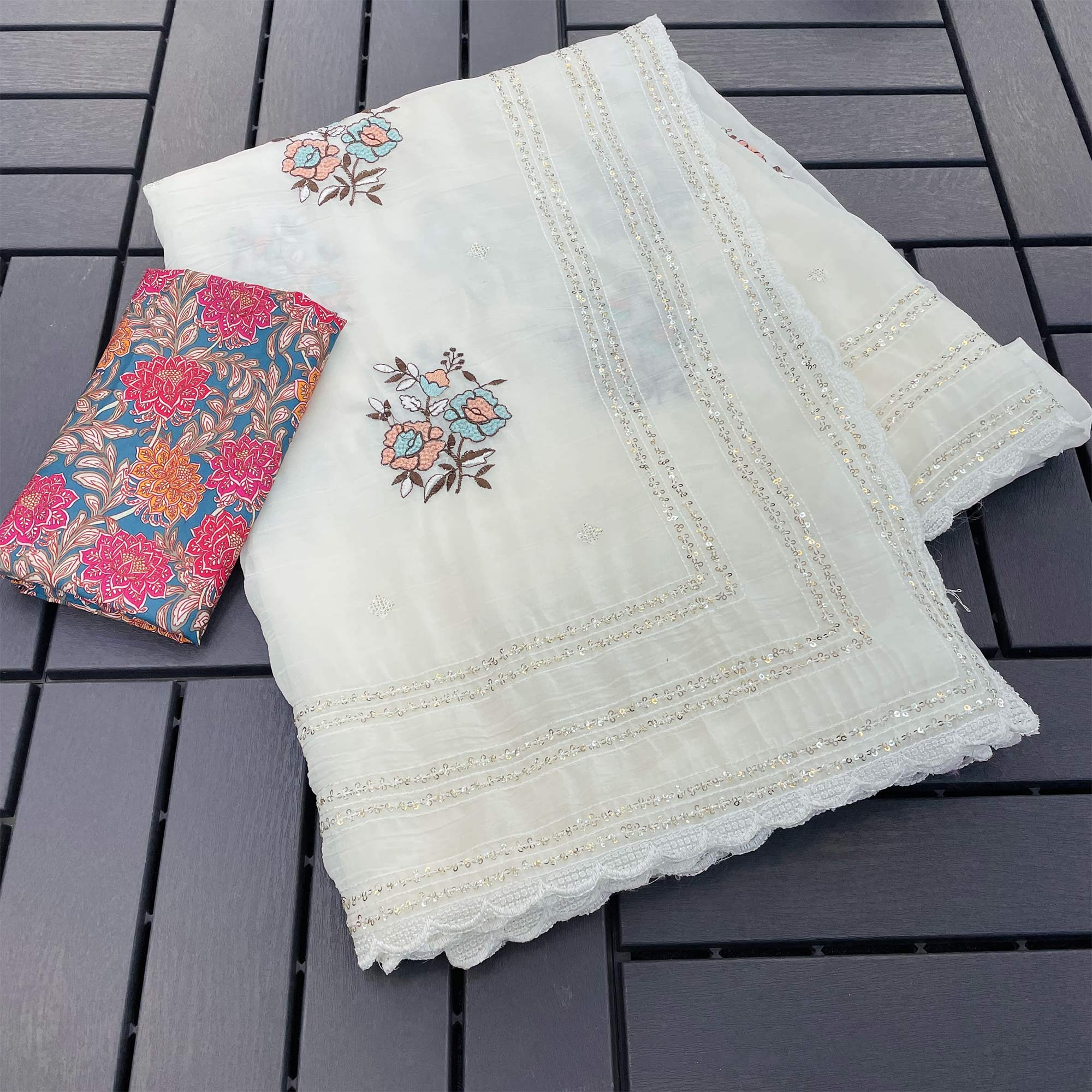 White Embroidered Cotton Silk Saree with Subtle Sequins Detailing