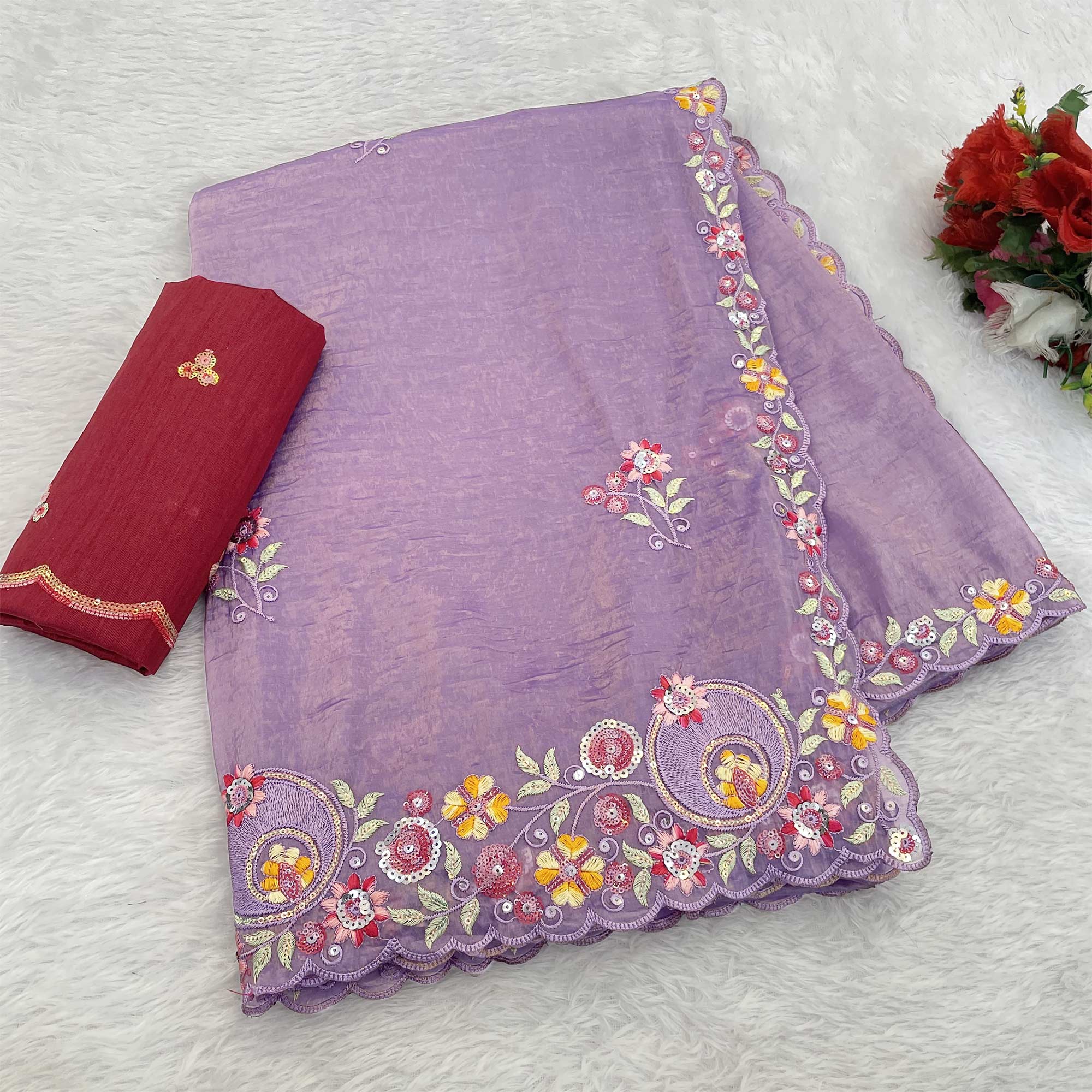 Lavender Elegance Cotton Silk Saree with Floral Sequins Embroidery