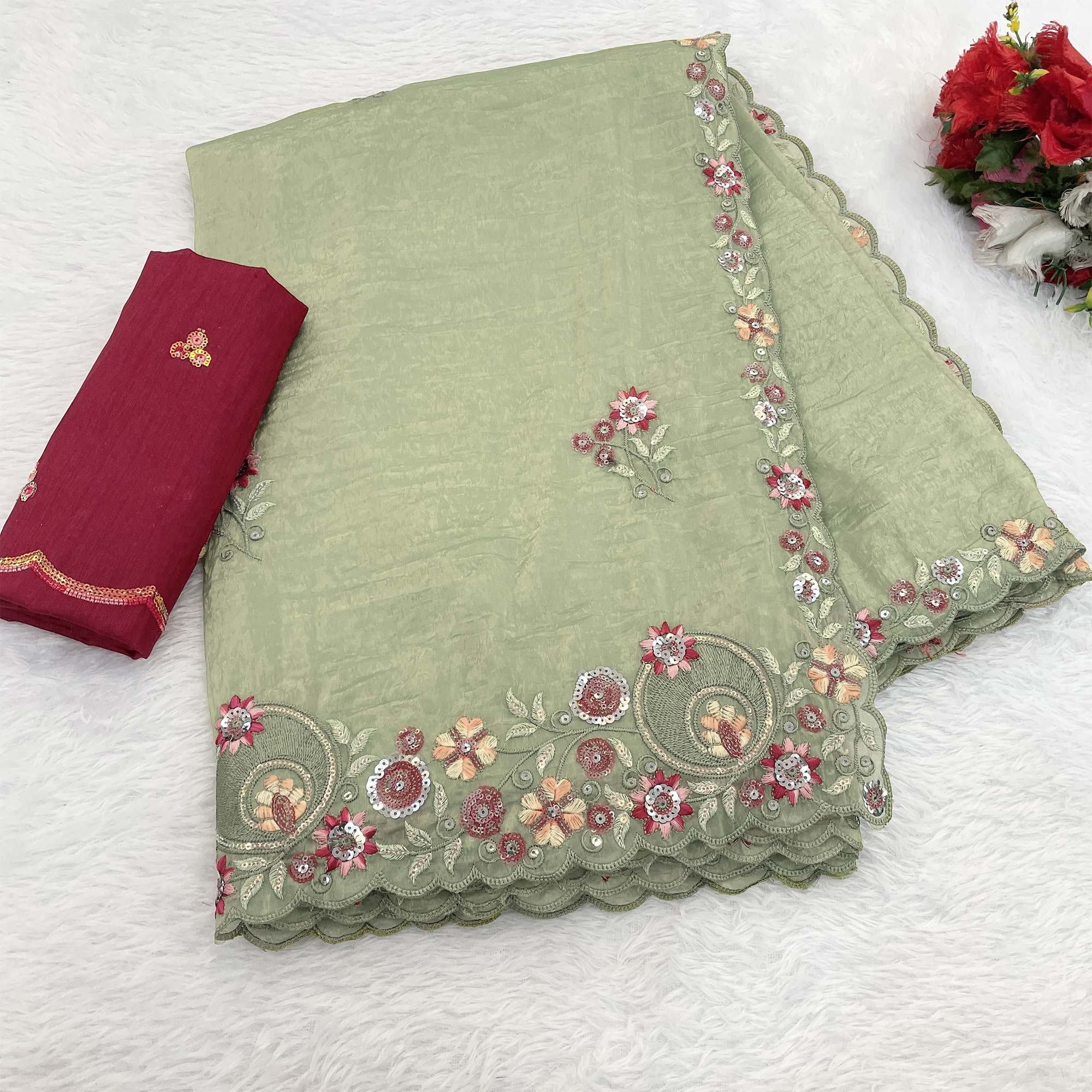 Pista Green Elegance Cotton Silk Saree with Floral Sequins Embroidery