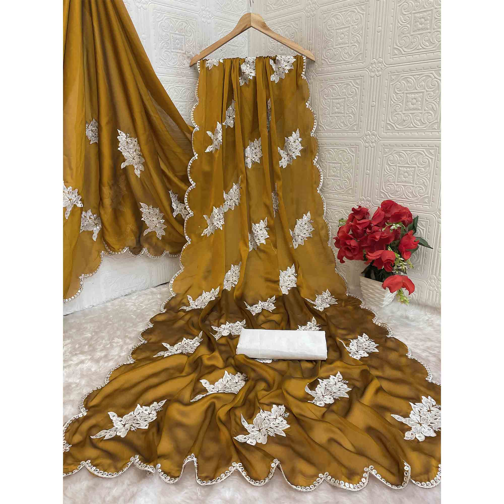 Mustard Silk Blend Saree with Embroidered Floral Design in Sequins & Thread