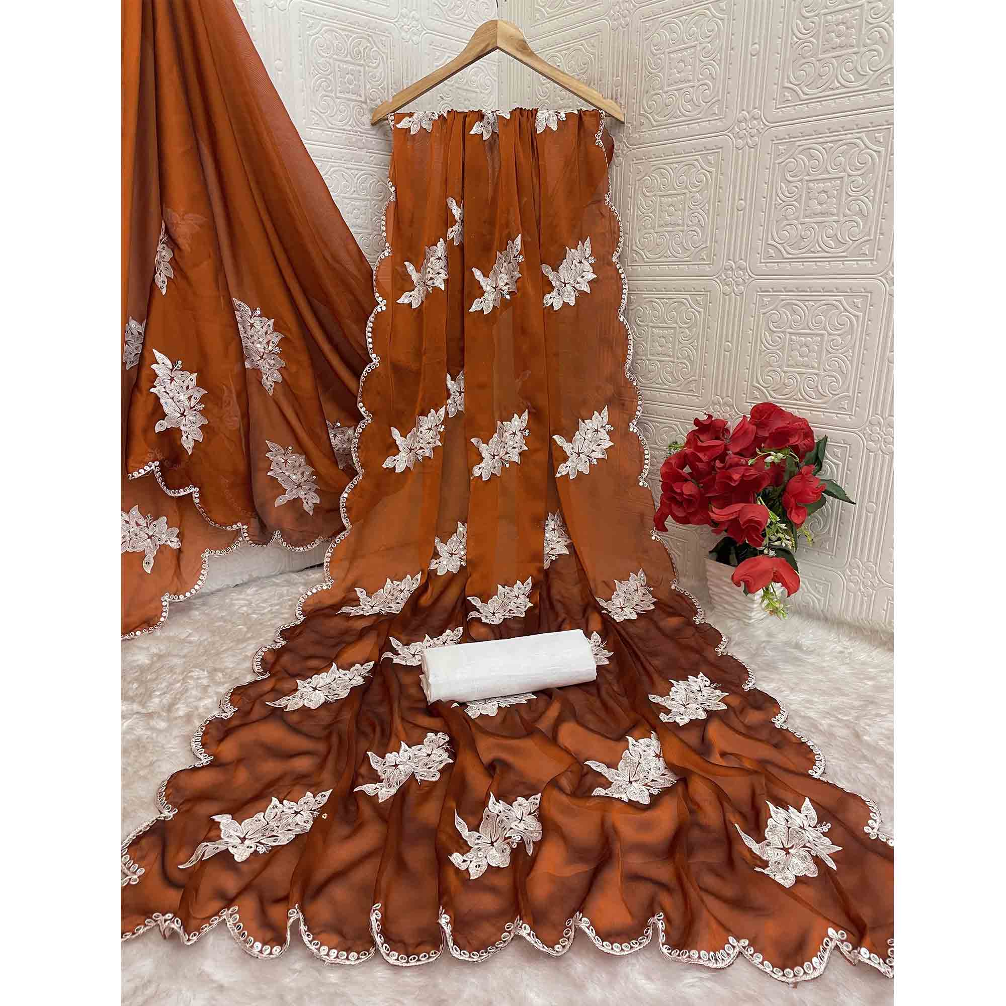 Rust Silk Blend Saree with Embroidered Floral Design in Sequins & Thread