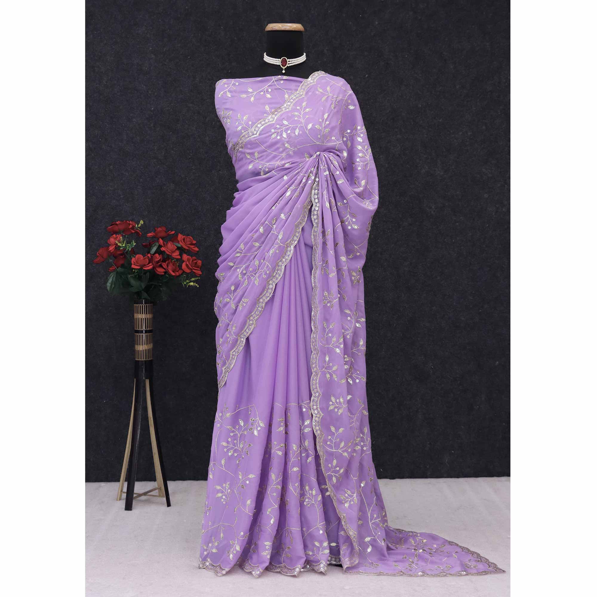 Designer Lavender Georgette Saree Featuring Intricate Sequins & Embroidery Work