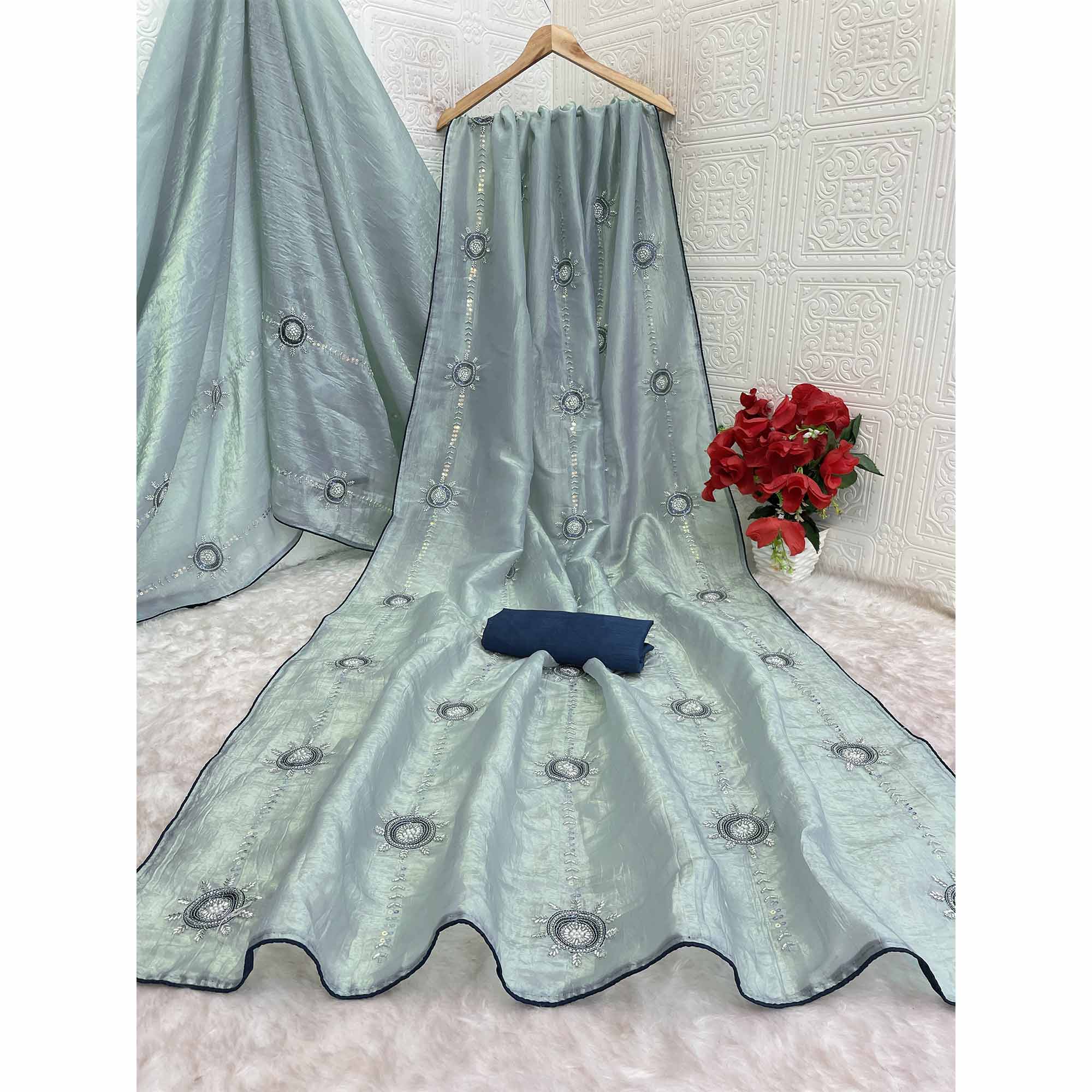 Turquoise Designer Silk Blend Saree Embellished with Stones & Beads