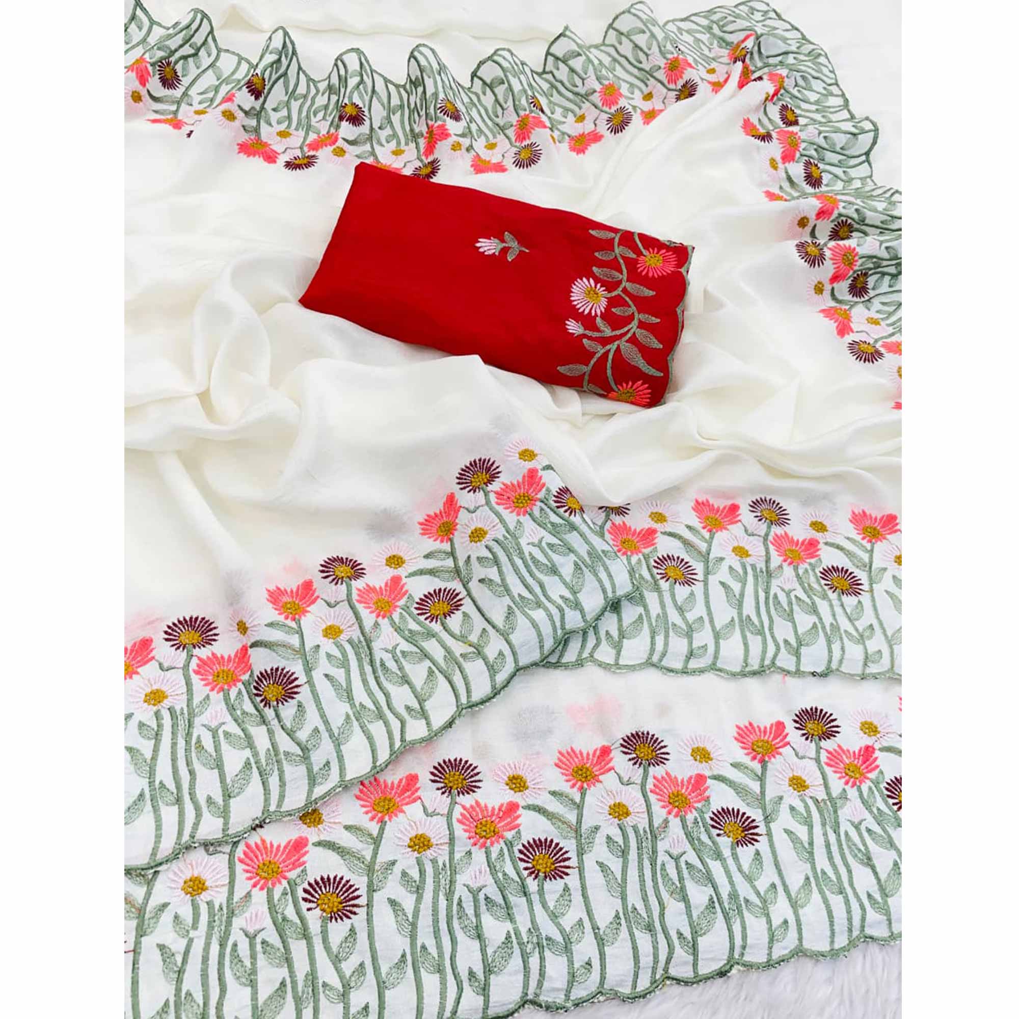 Off White Vichitra Silk Saree with Fine Floral Embroidery for Party and Traditional Styling