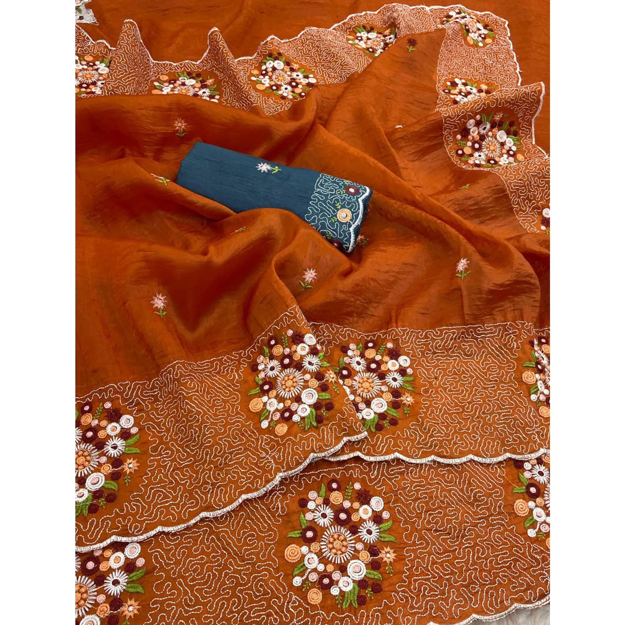 Orange Cotton Silk Saree with Beautiful Floral Embroidery for Parties & Celebrations