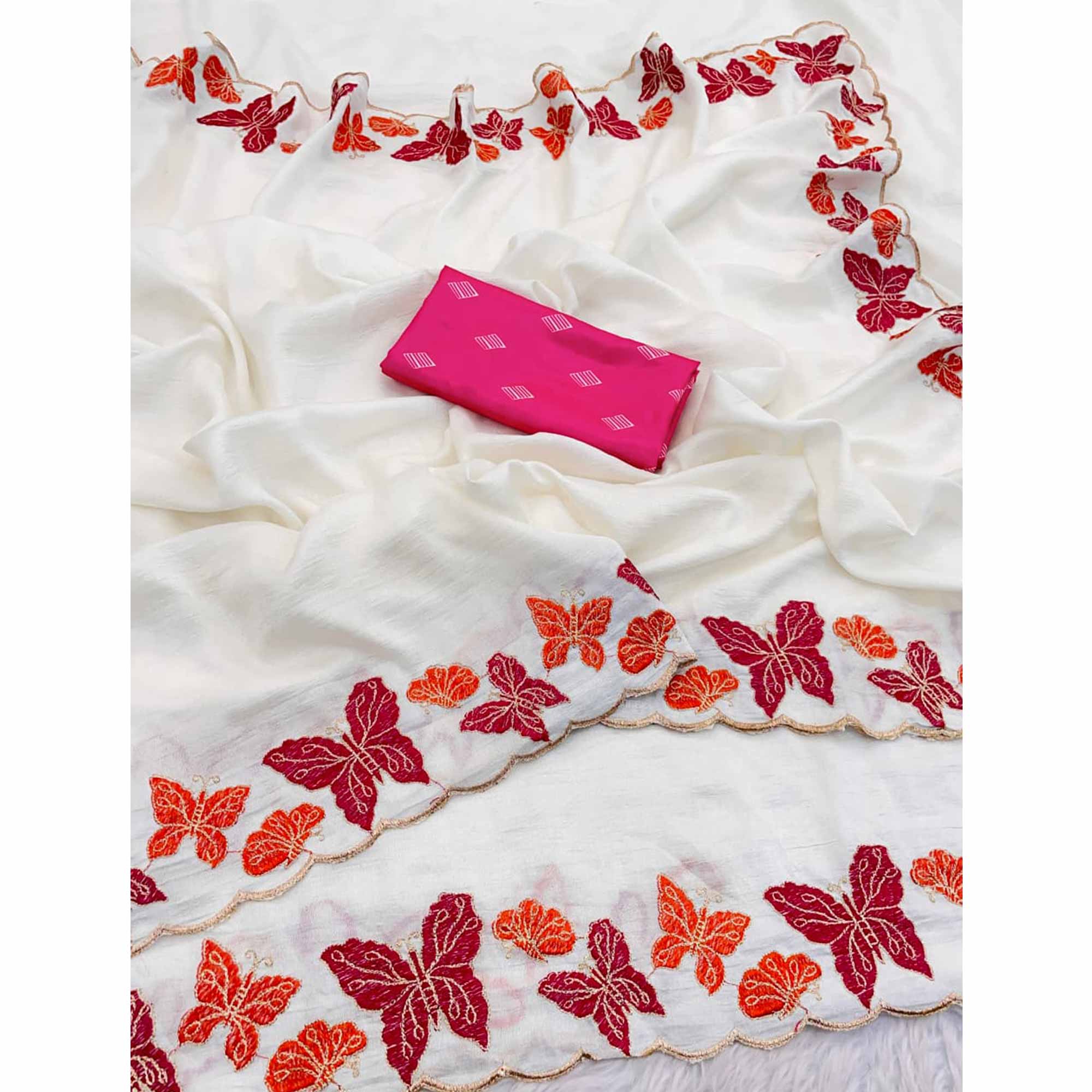 Off White Pure Vichitra Silk Saree with Graceful Butterfly Inspired Embroidery Detailing