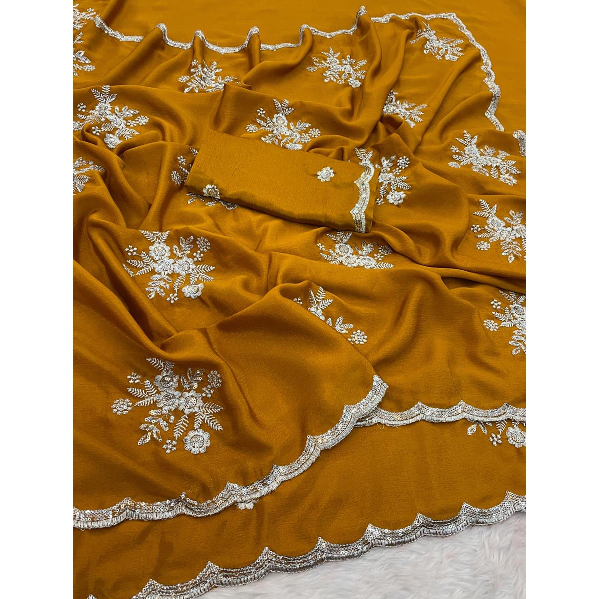 Designer Mustard Pure Chinon Saree Highlighted with Elegant Sequins Embroidery