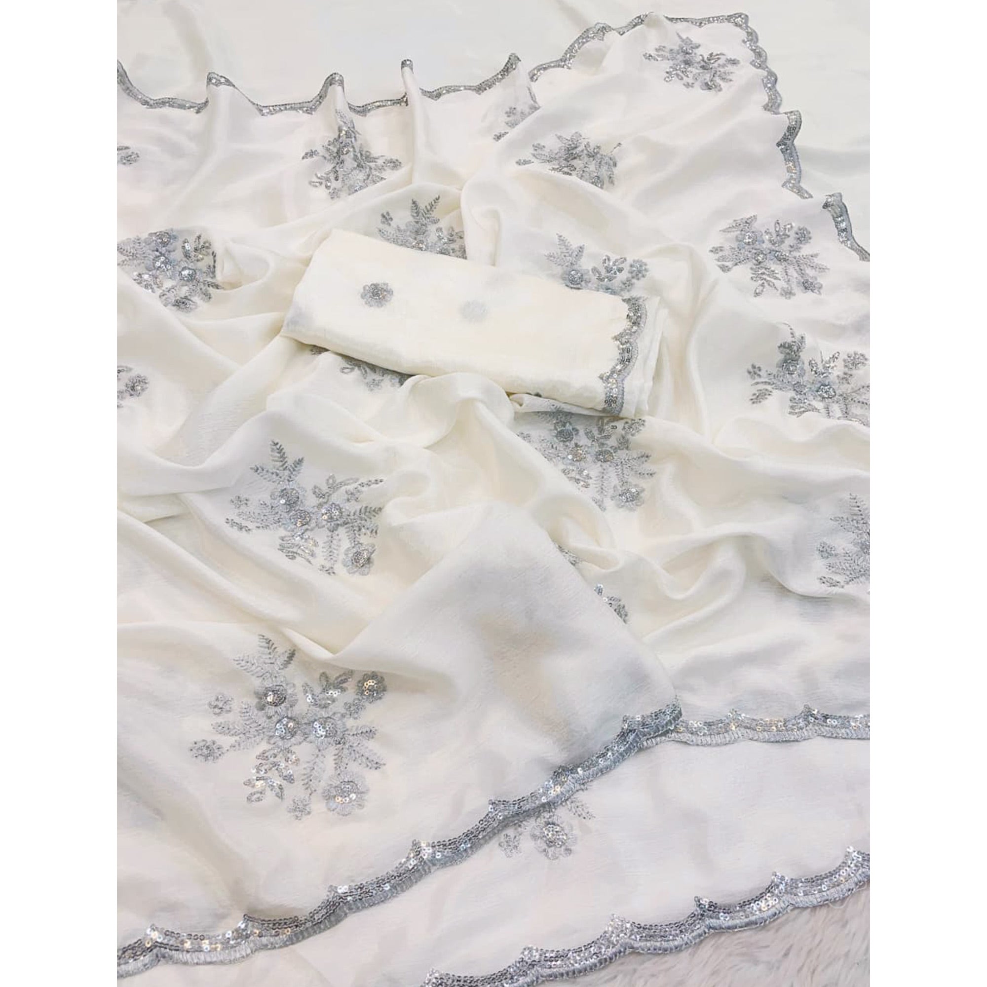 Designer Off White Pure Chinon Saree Highlighted with Elegant Sequins Embroidery