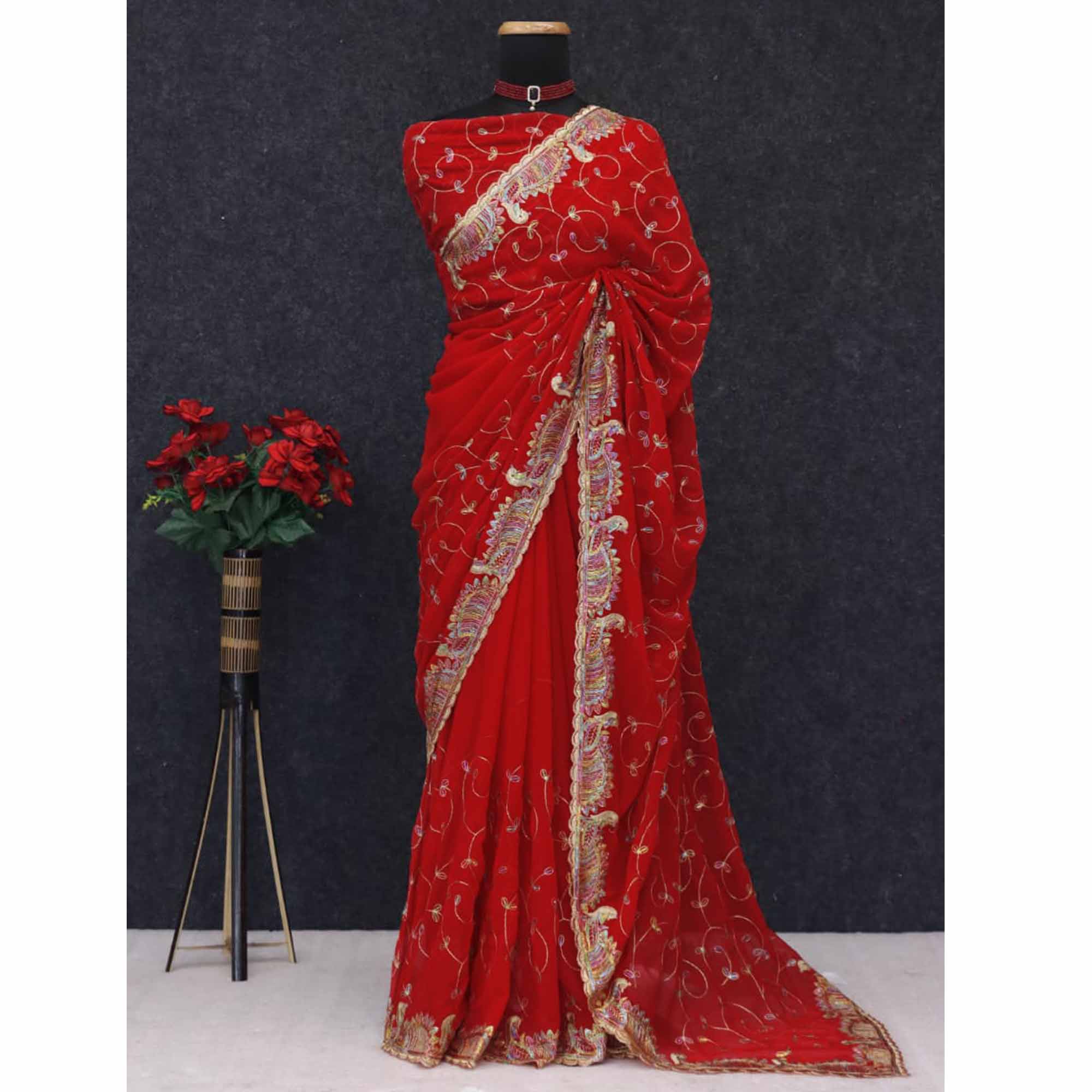 Elegant Red Floral Sequin & Thread Embroidered Georgette Saree With Exquisite Peacock Design Border