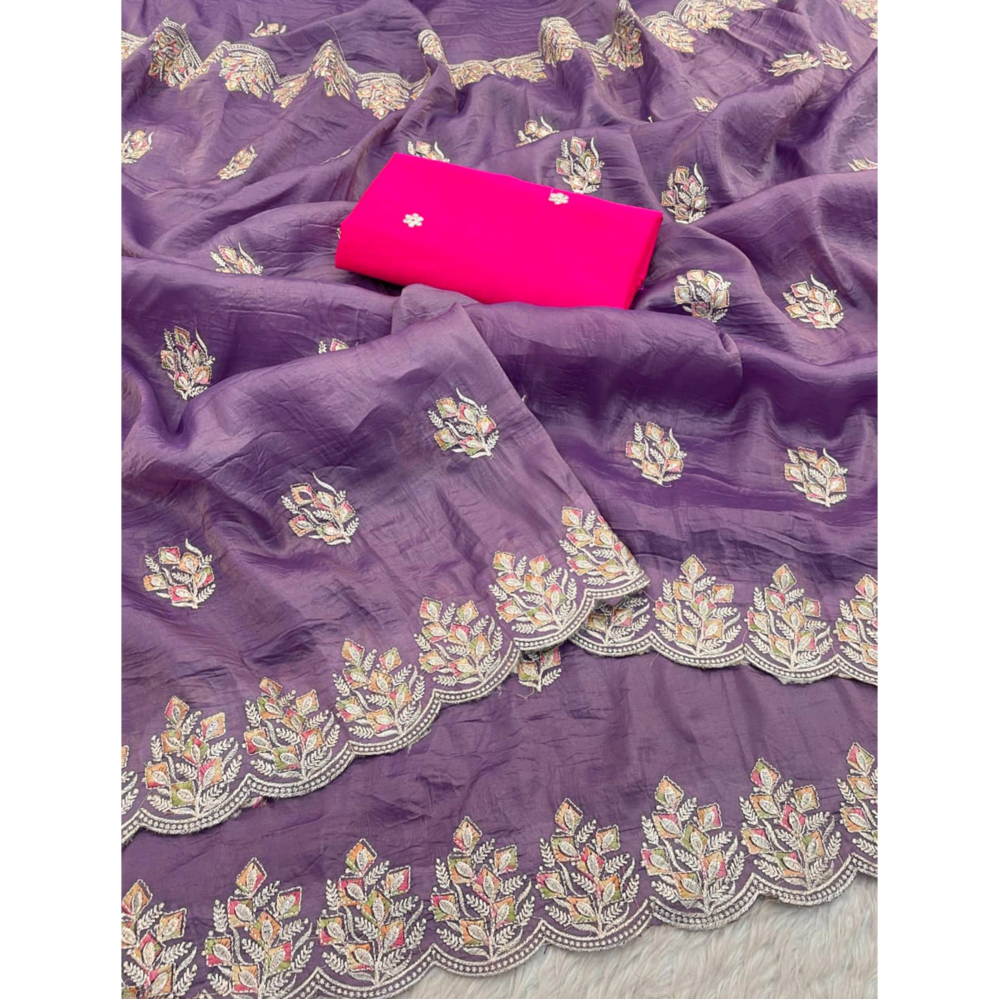 Classic Lavender Silk Blend Crush Saree Beautifully Embellished With Floral Thread Embroidery