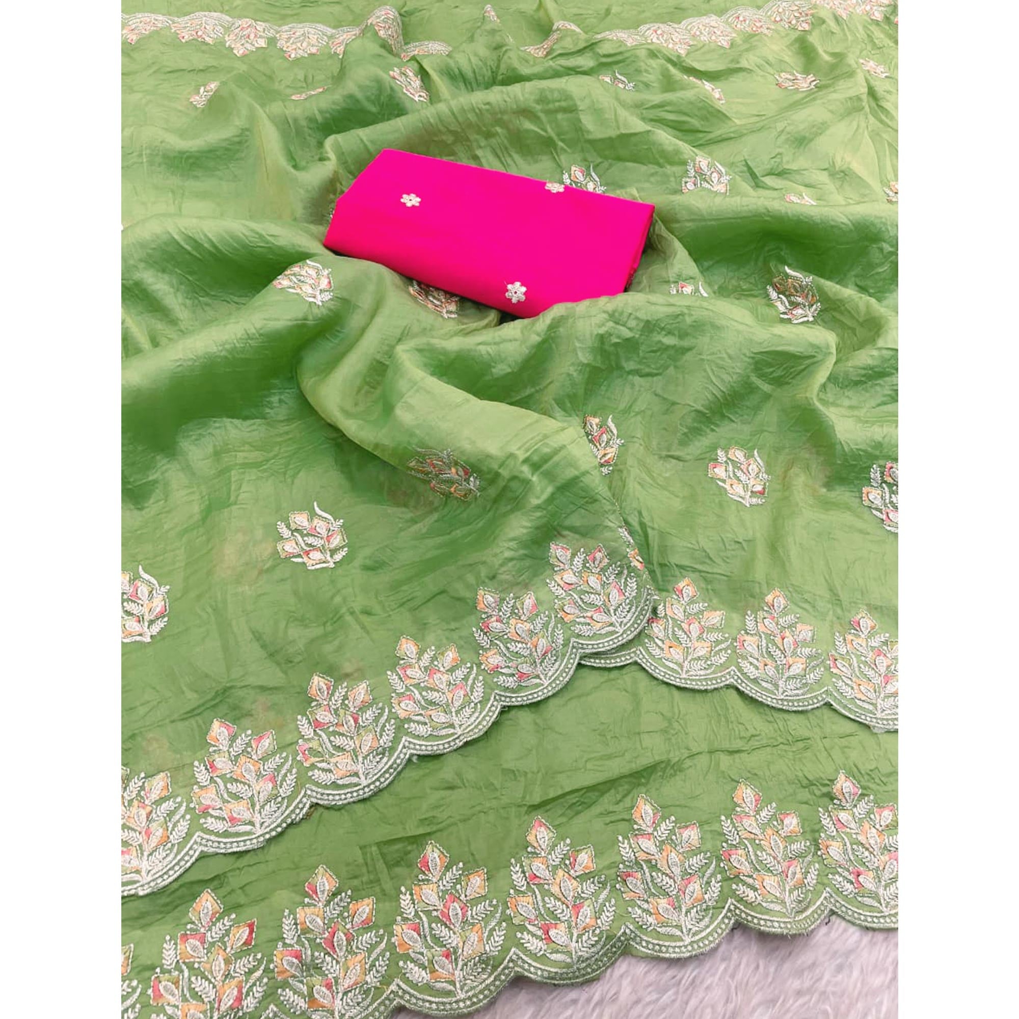 Classic Parrot Green Silk Blend Crush Saree Beautifully Embellished With Floral Thread Embroidery