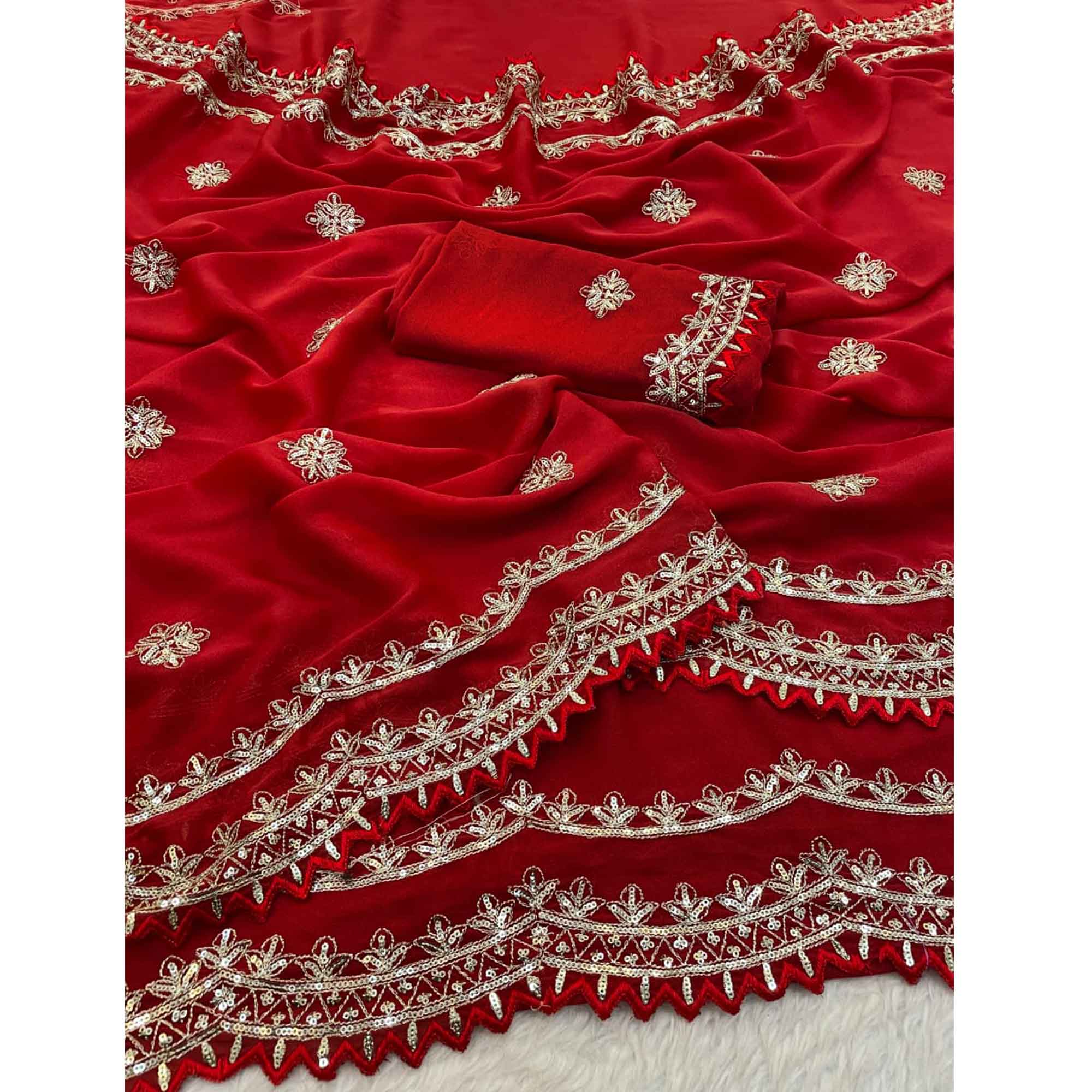 Radiant Red Thread Work Georgette Silk Saree Beautifully Enhanced With Sequins Embellishment