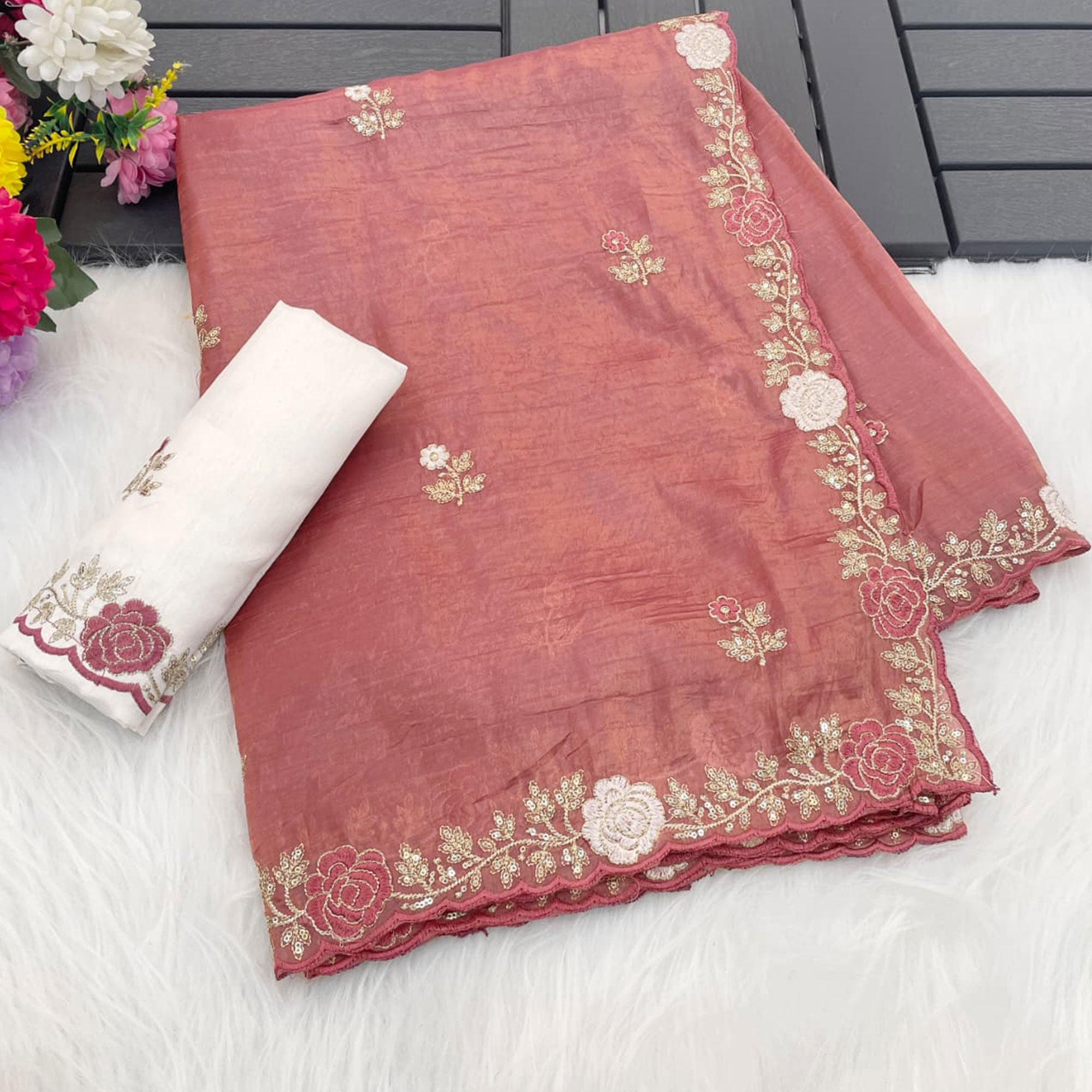 Rose Pink Lightweight Georgette Crush Saree Adorned with Delicate Floral Embroidery