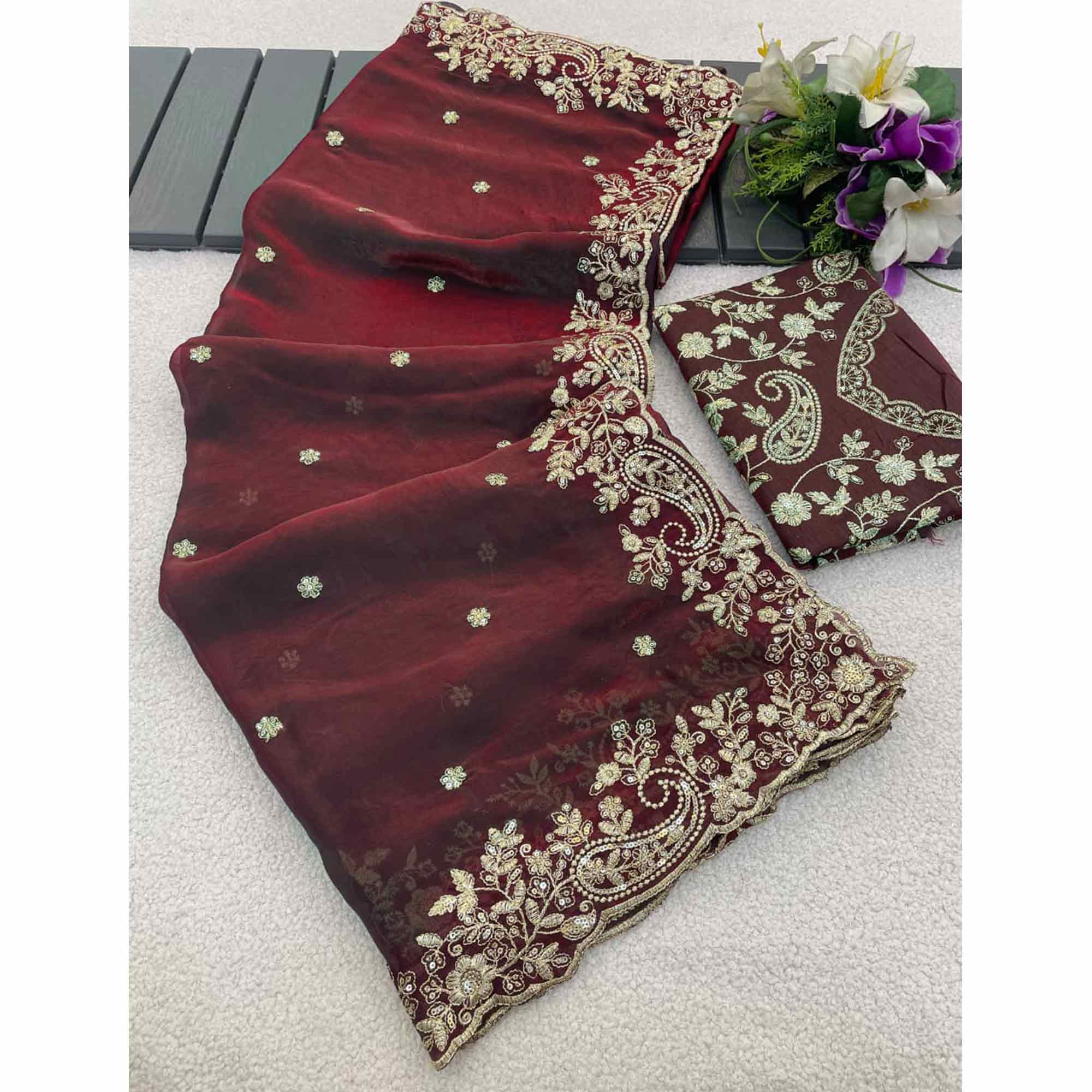 Burgundy Partywear Organza Satin Silk Crush Saree with Delicate Floral Embroidery