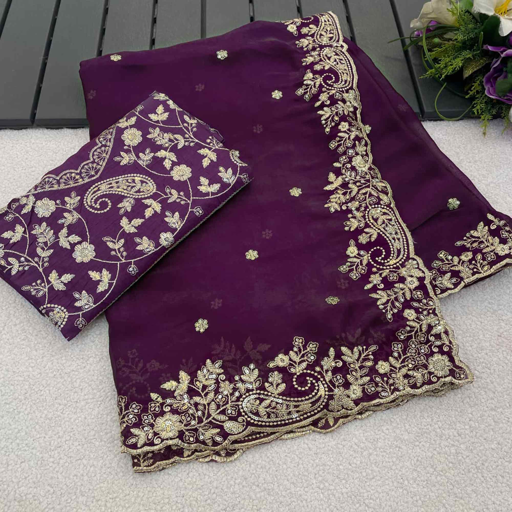 Purple Partywear Organza Satin Silk Crush Saree with Delicate Floral Embroidery