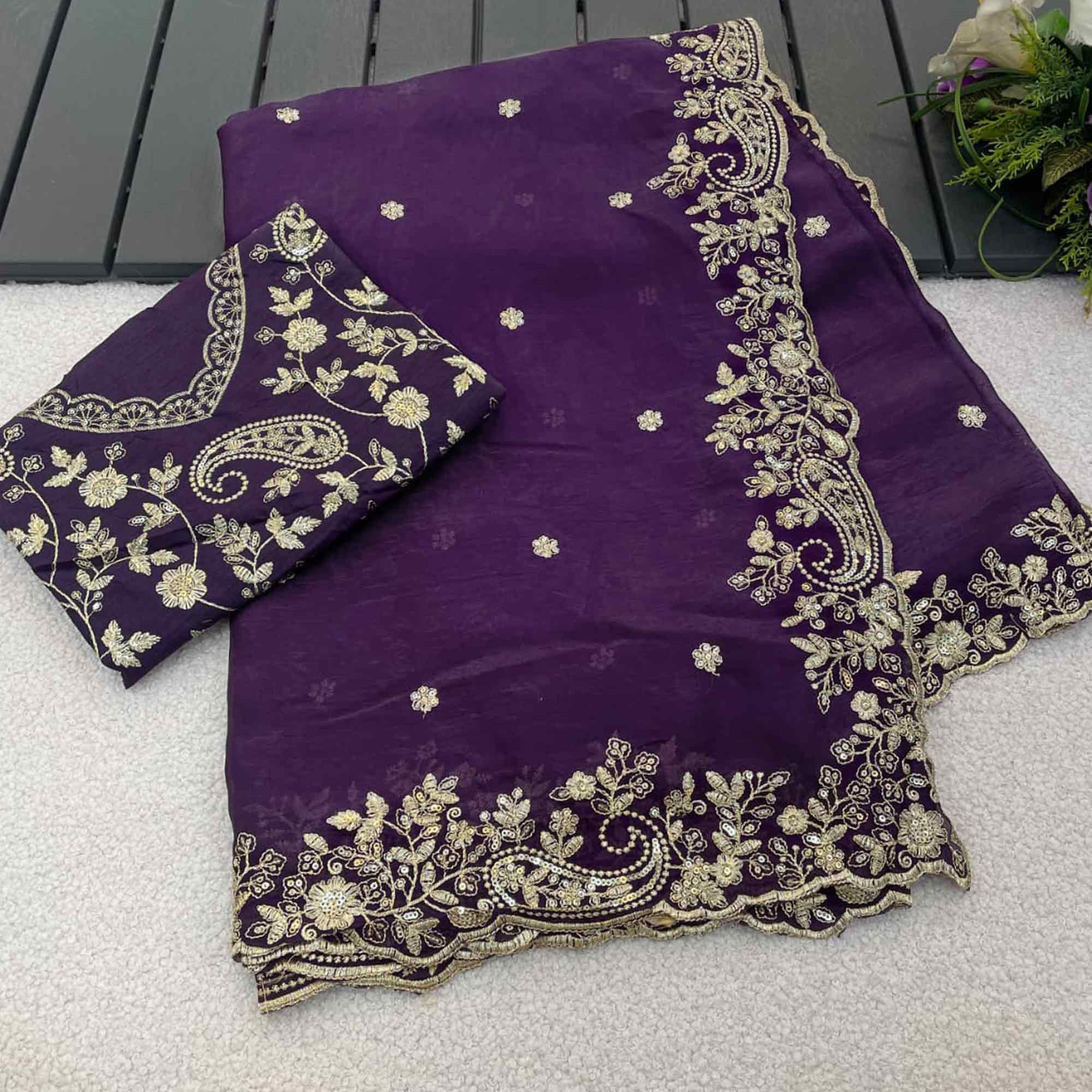 Violet Partywear Organza Satin Silk Crush Saree with Delicate Floral Embroidery