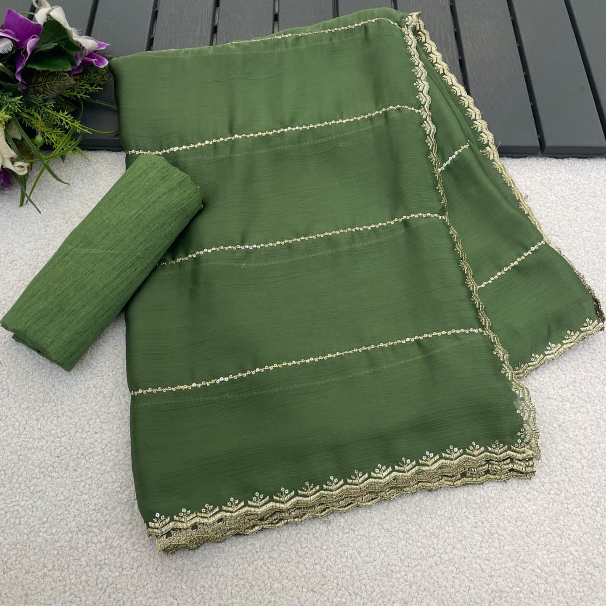 Green Soft Satin Chiffon Saree Adorned with Intricate Sequins Detailing