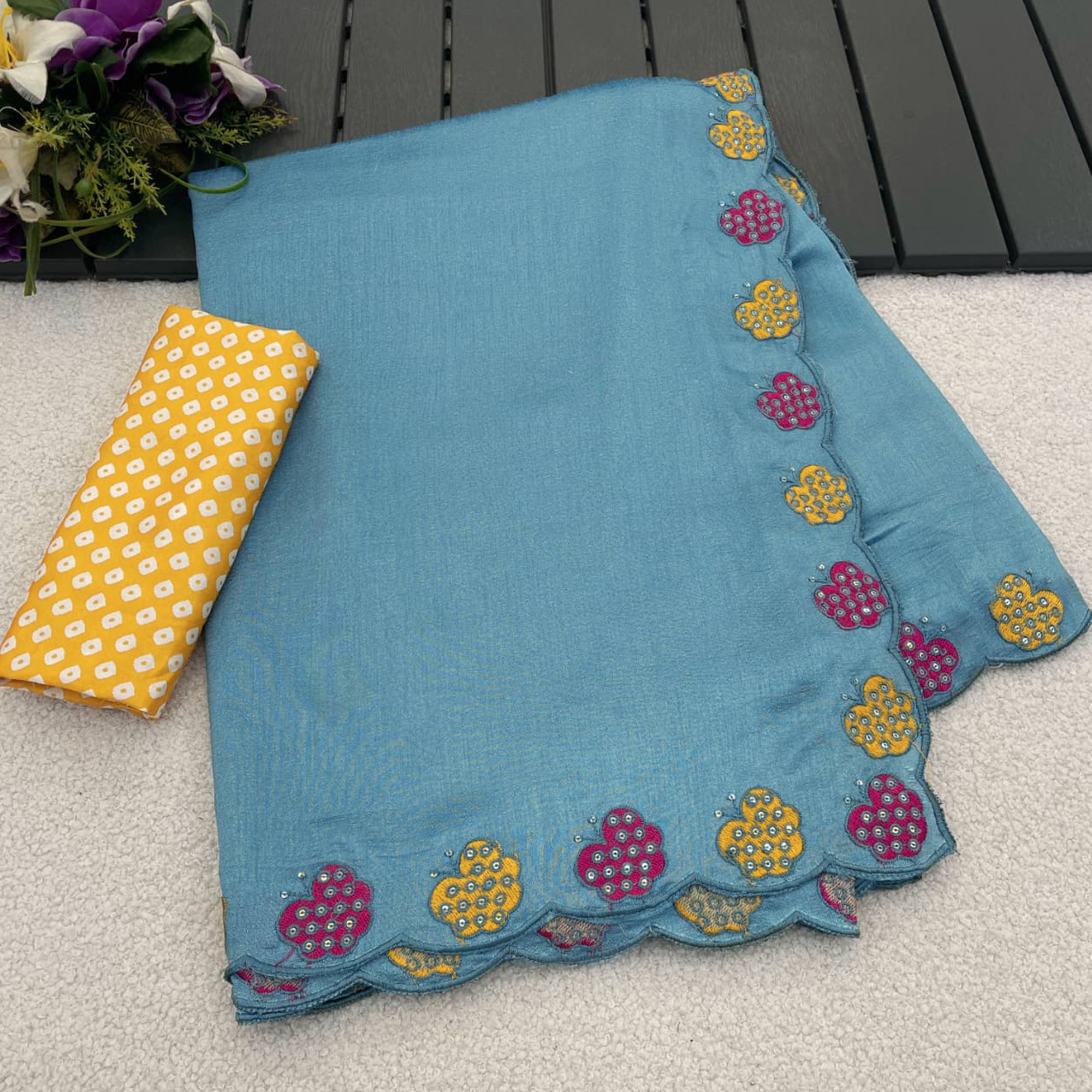 Teal Premium Vichitra Silk Saree Adorned with Intricate Embroidery Work