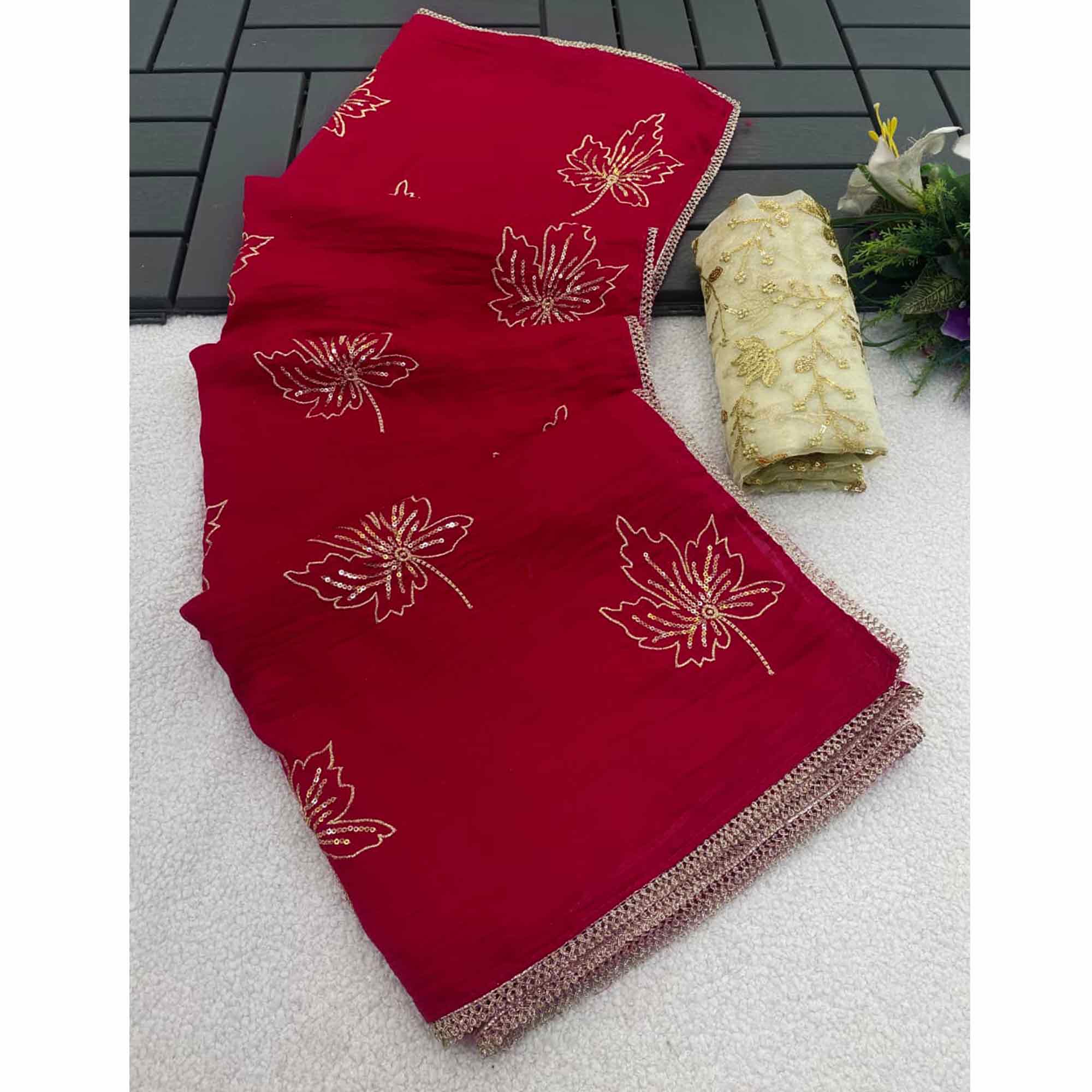 Glamorous Pink Sequin Embellished Saree in Premium Vichitra Silk