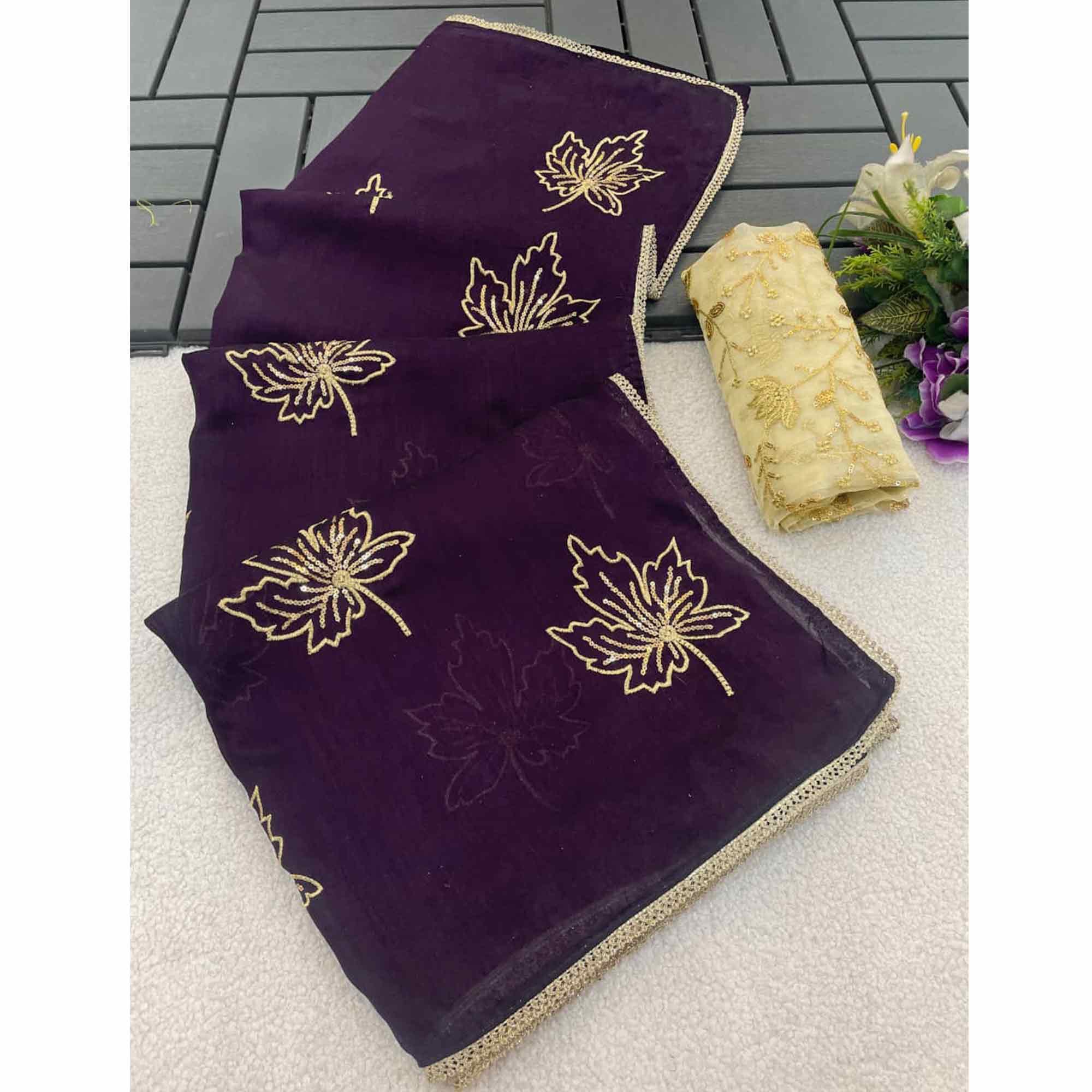 Glamorous Purple Sequin Embellished Saree in Premium Vichitra Silk