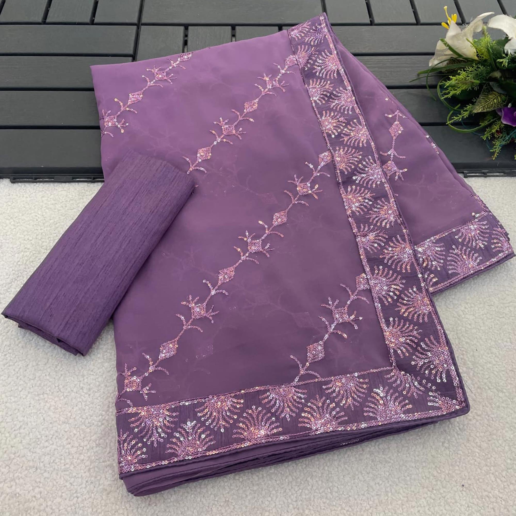 Purple Premium Vichitra Silk Saree Adorned with Shimmering Sequins Work