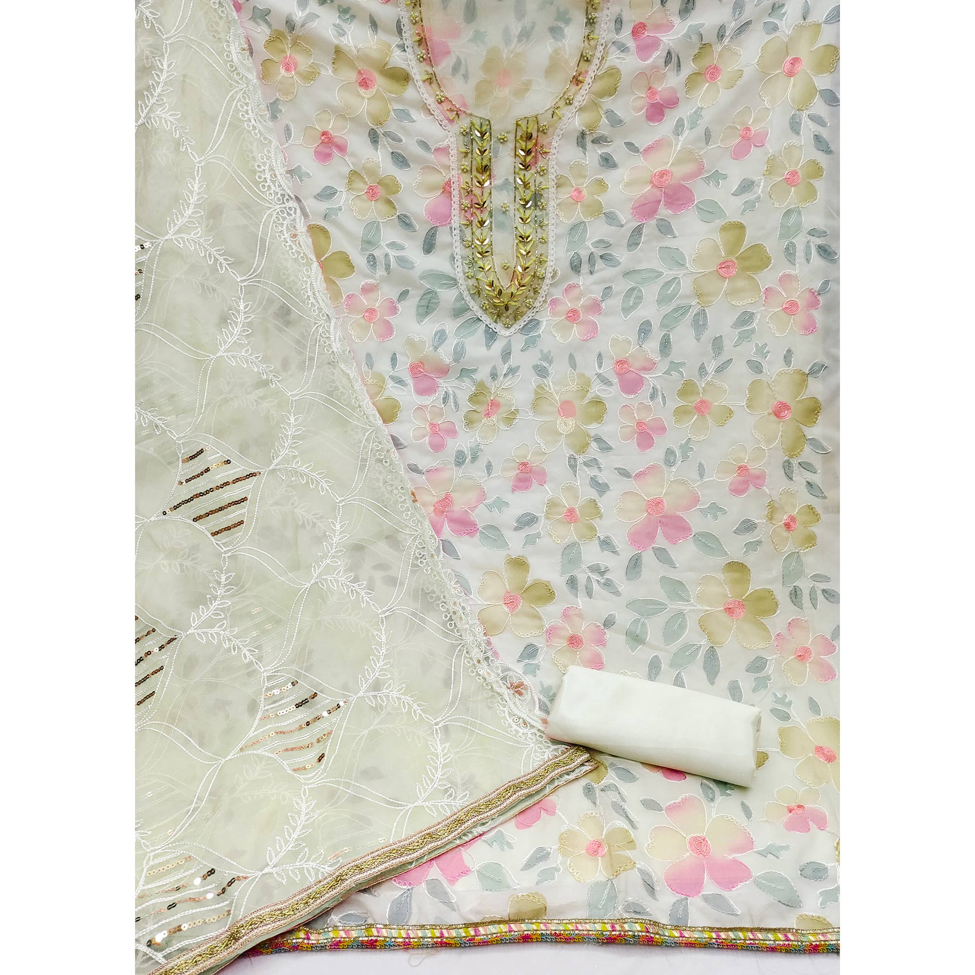 Cream Printed With Handwork Organza Dress Material