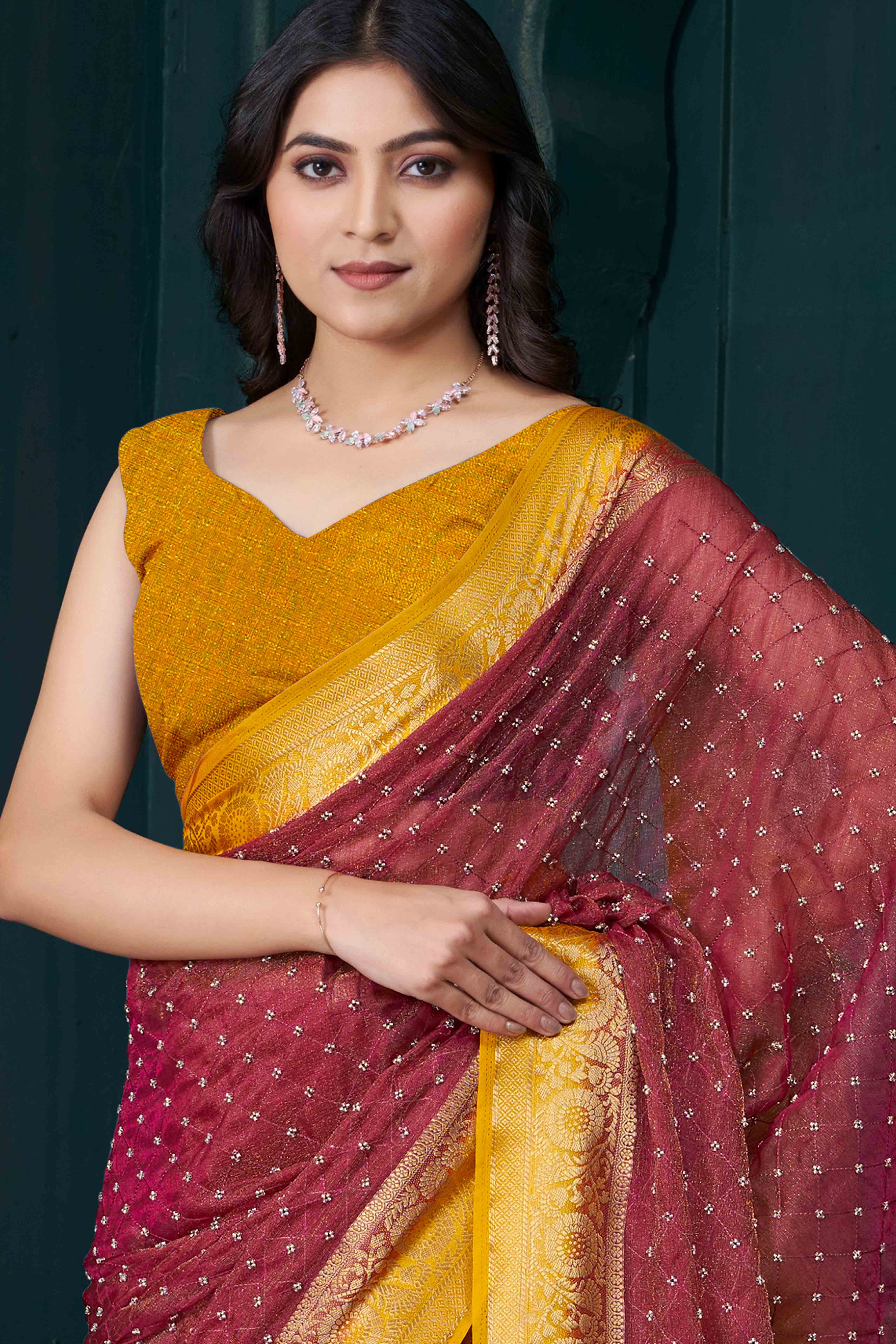 Maroon Jacquard Saree With Intricate Beads Handwork & Floral Weaving Border