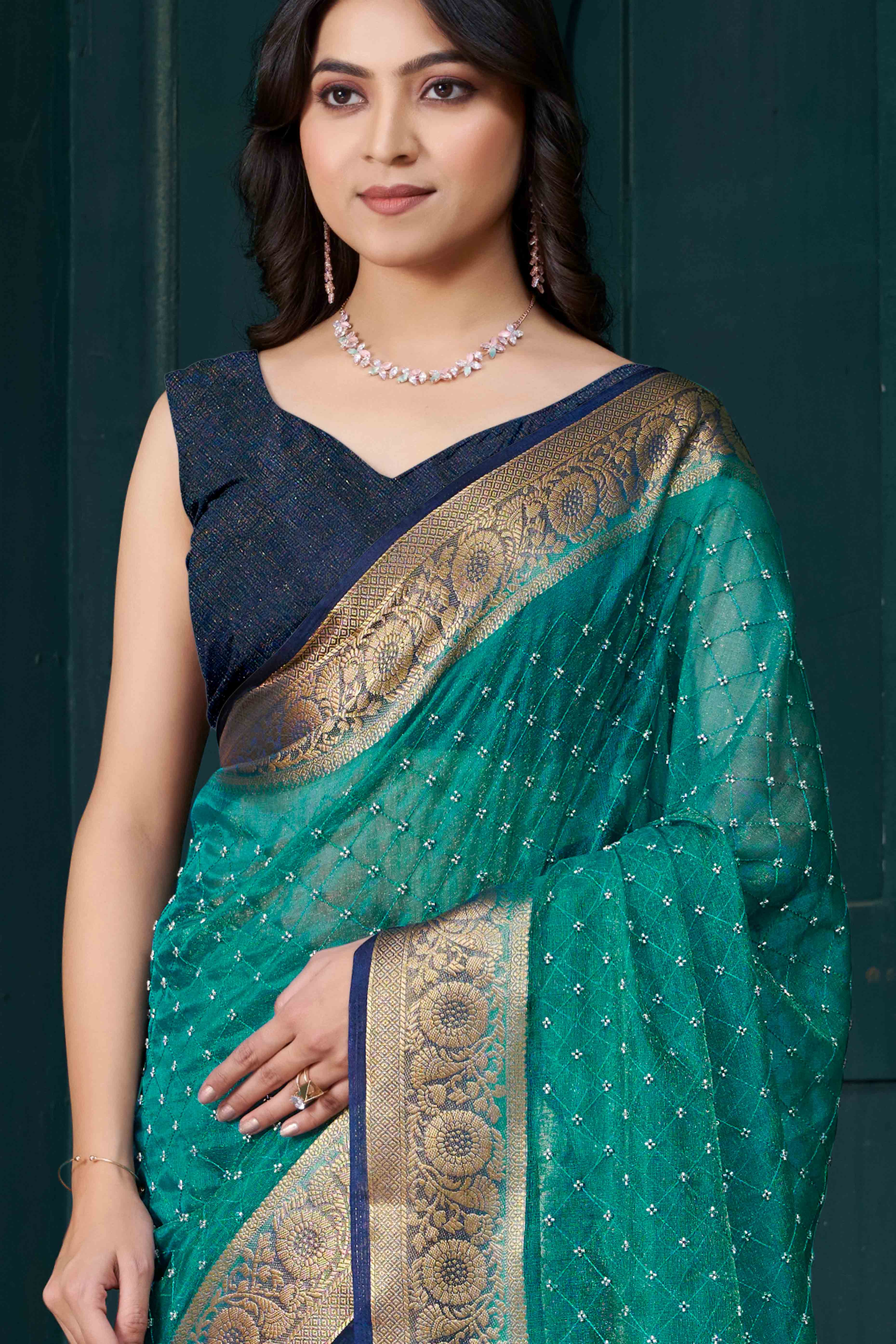 Rama Green Jacquard Saree With Intricate Beads Handwork & Floral Weaving Border
