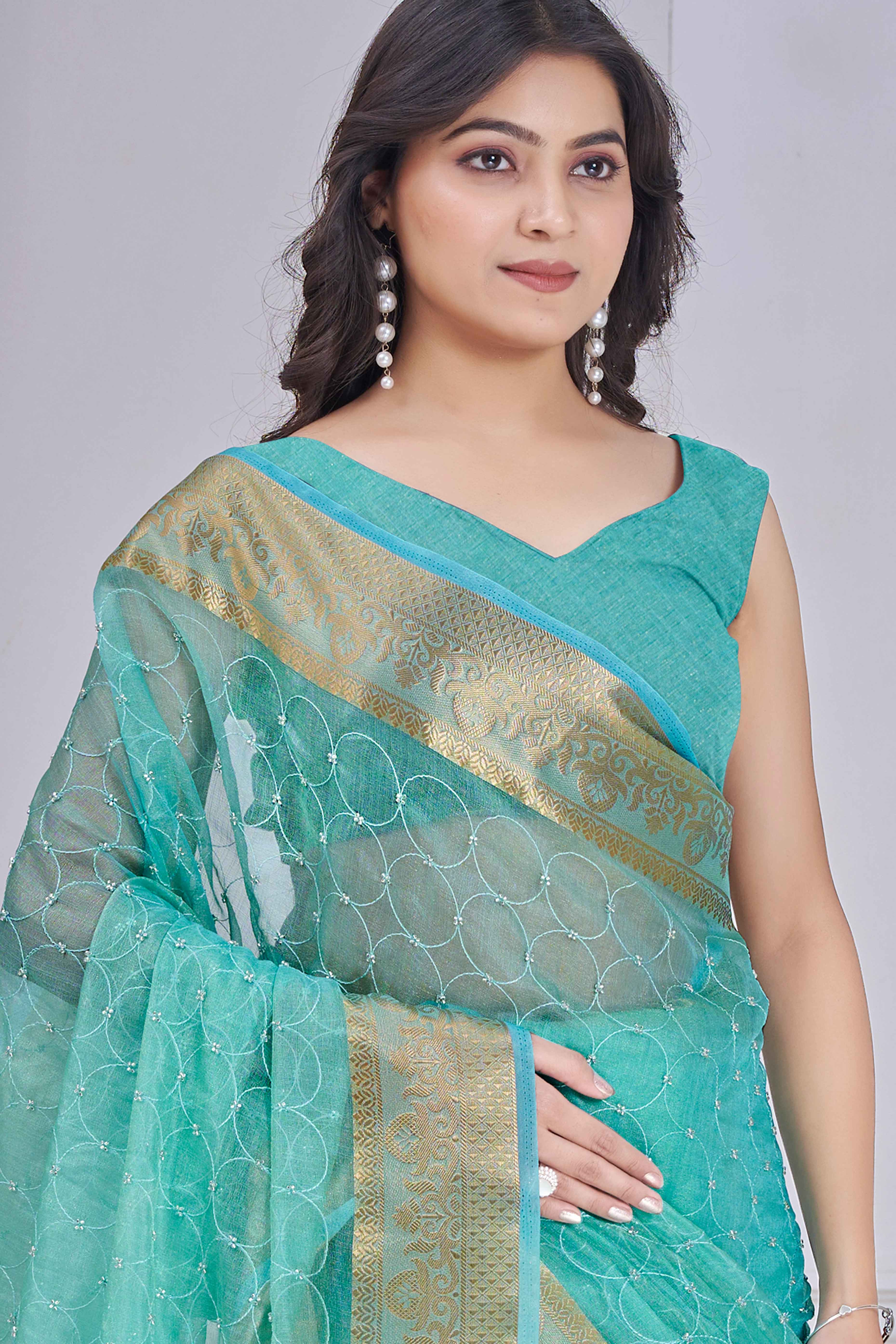 Turquoise Pure Jacquard Saree Weaving with Delicate Beads and Embroidery