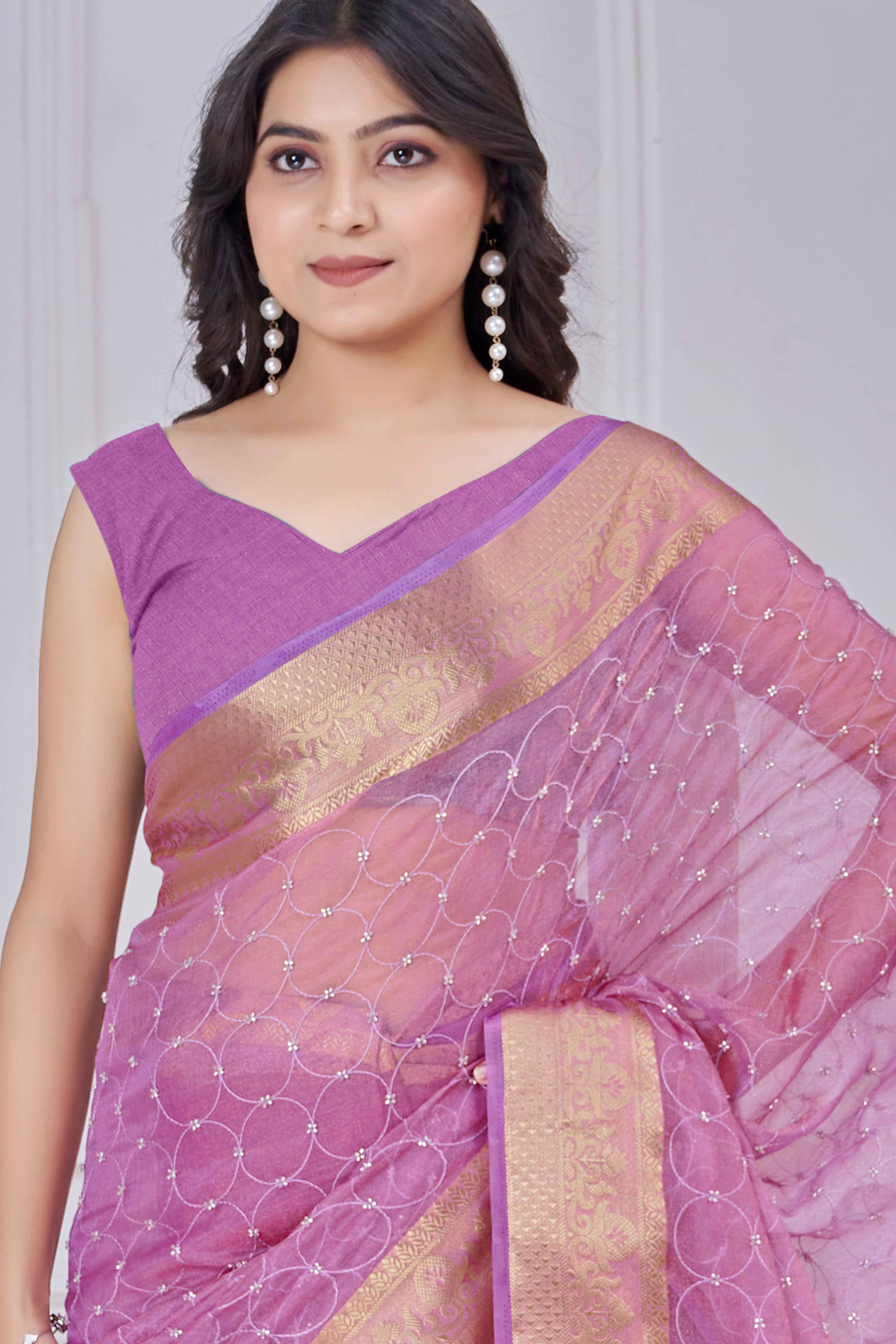 Purple Pure Jacquard Saree Weaving with Delicate Beads and Embroidery