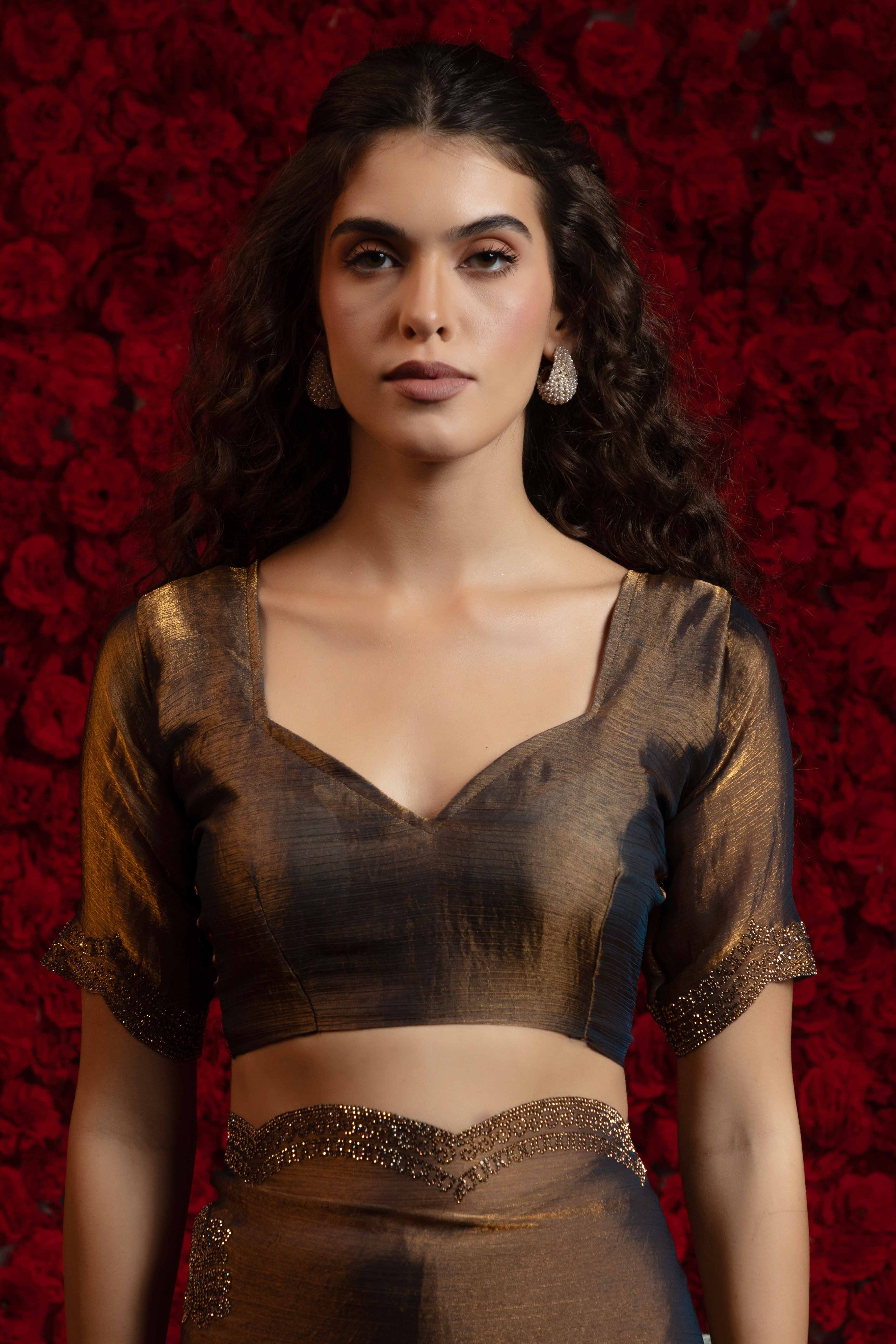 Coffee Brown Stone Work Embellished Satin Chiffon Partywear Saree