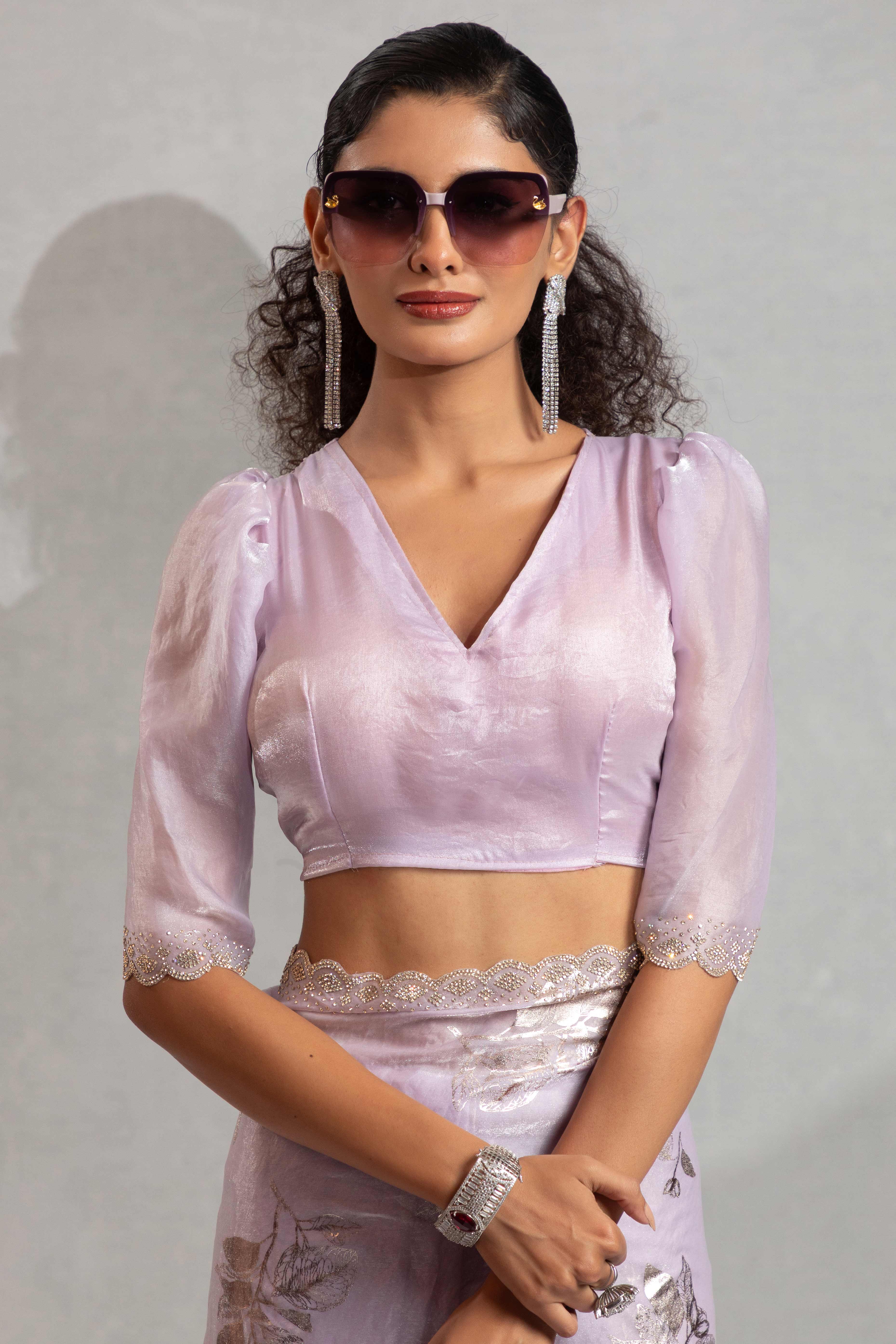 Designer Lavender Satin Silk Saree Adorned with Foil & Stone Embellishments