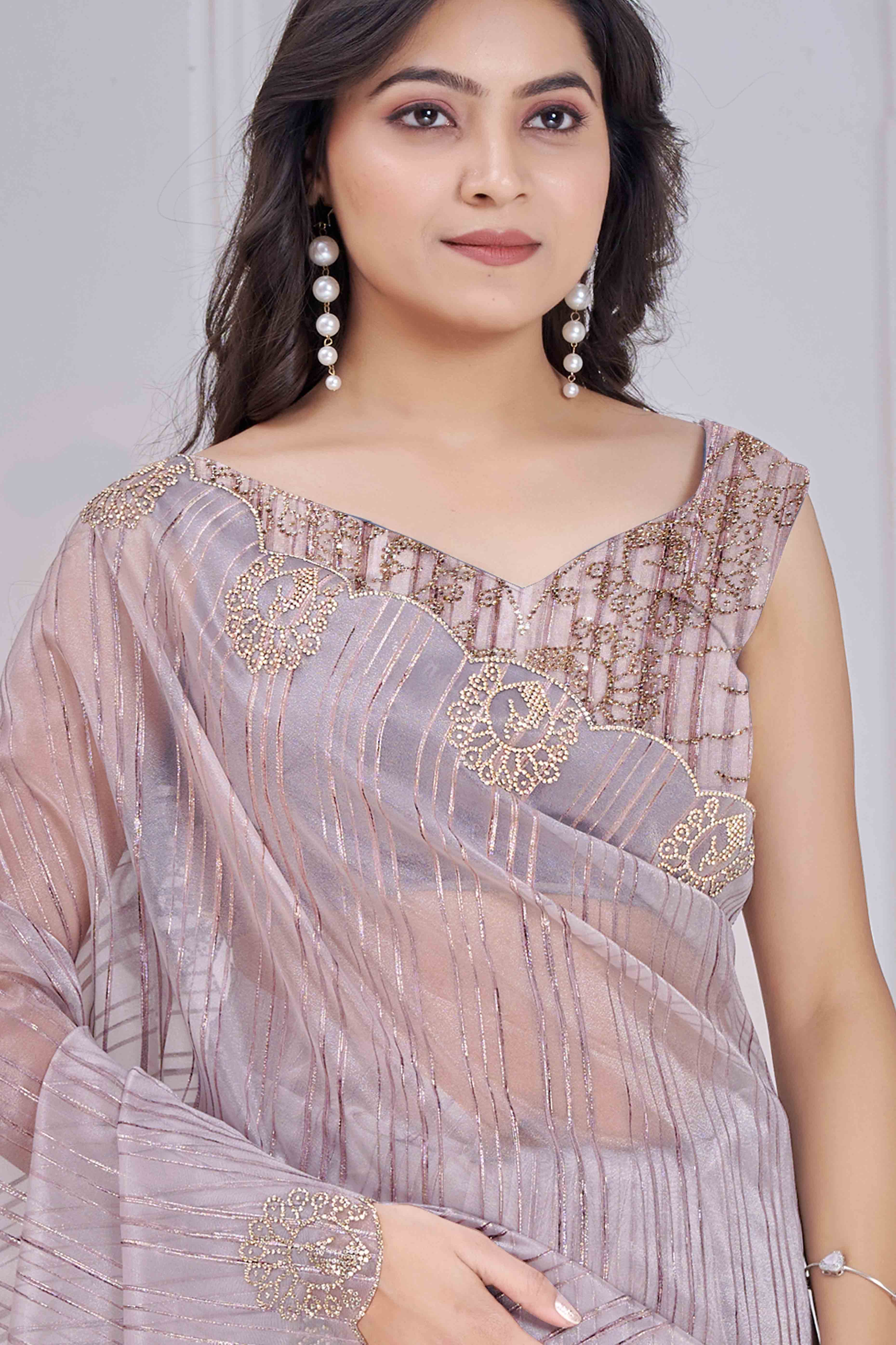 Lilac Grey Cotton Blend Saree with Modern Stripes and Delicate Stone Embroidery