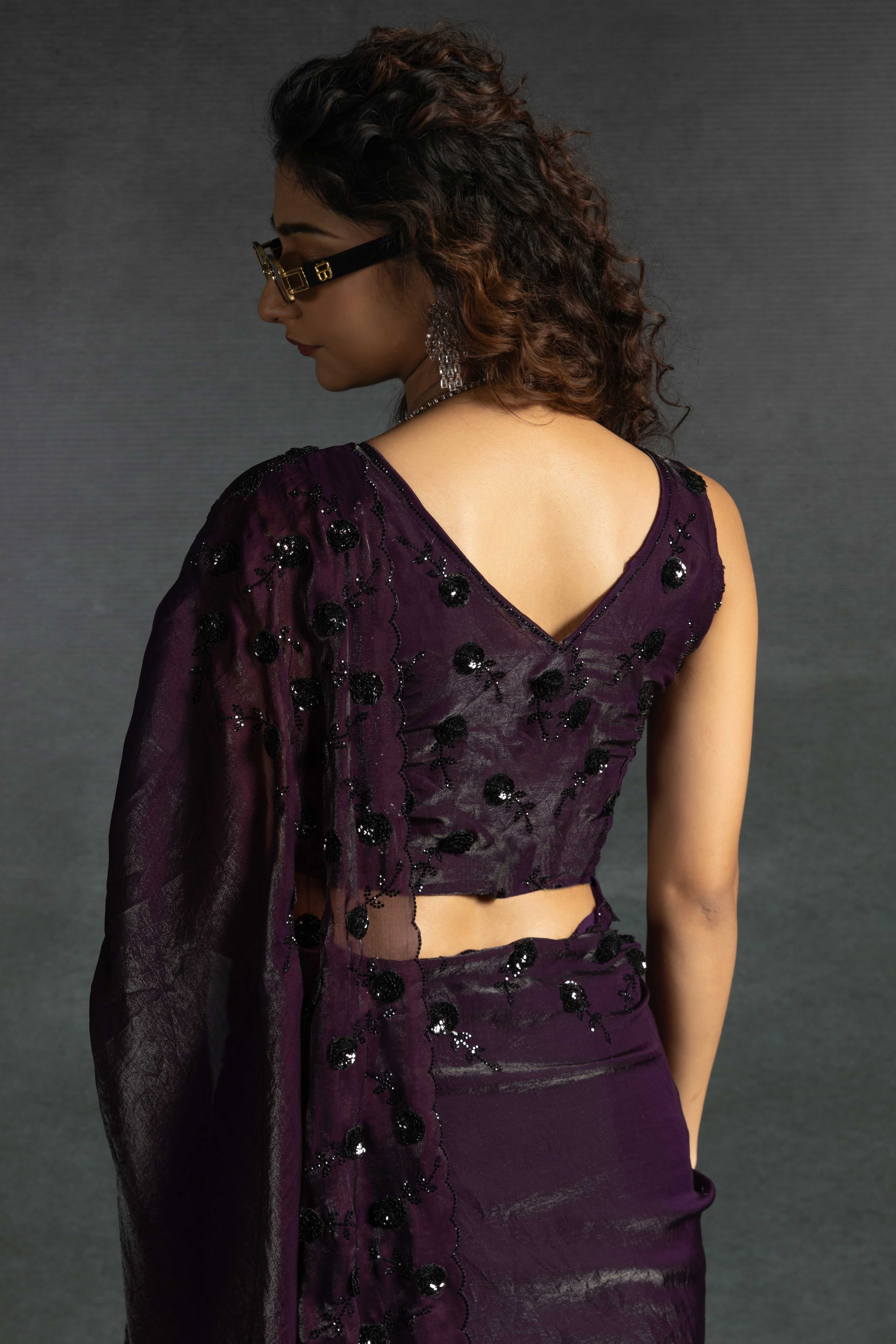 Dark Purple Satin Saree with Stone and Sequin Embellishment