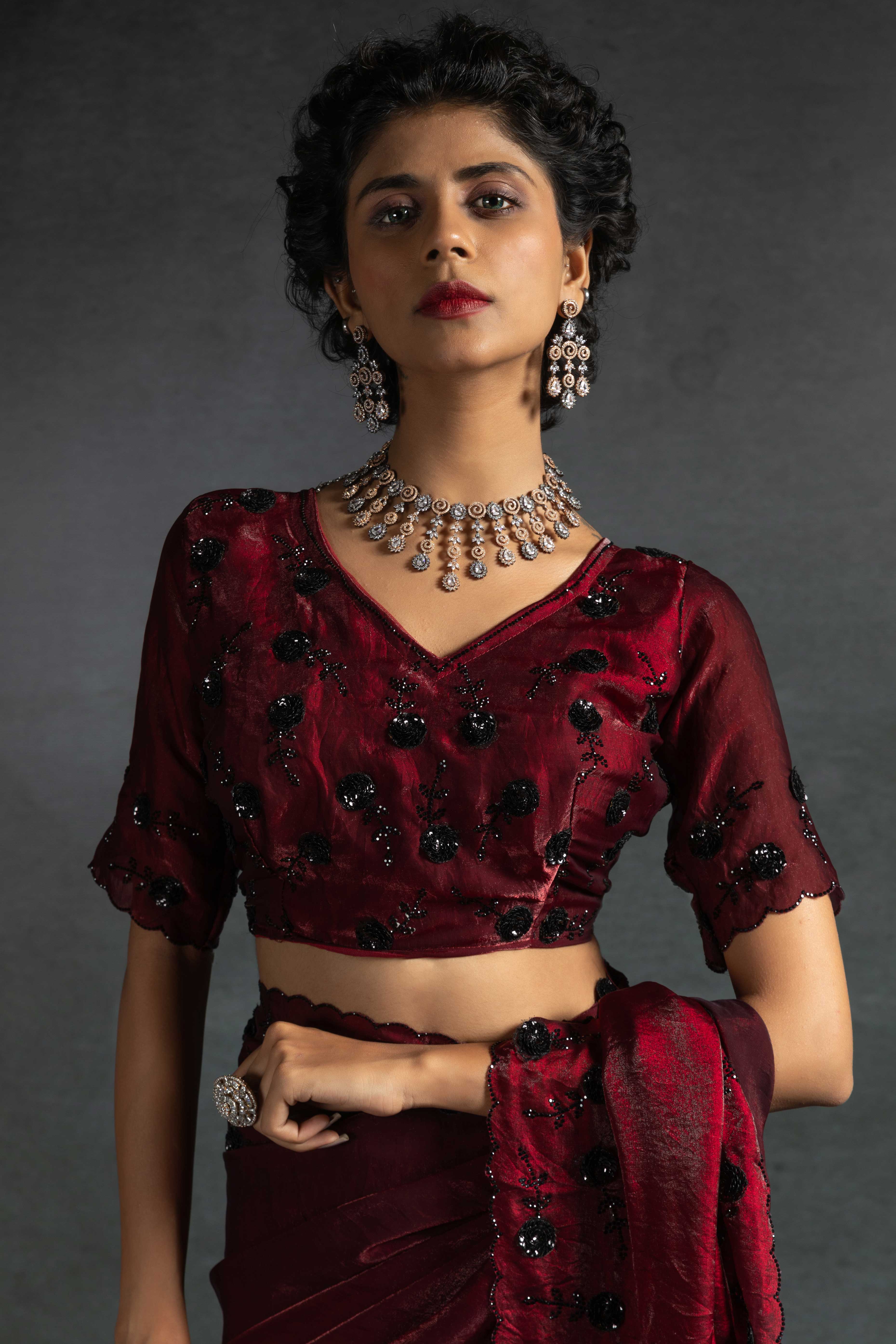 Maroon Satin Saree with Stone and Sequin Embellishment