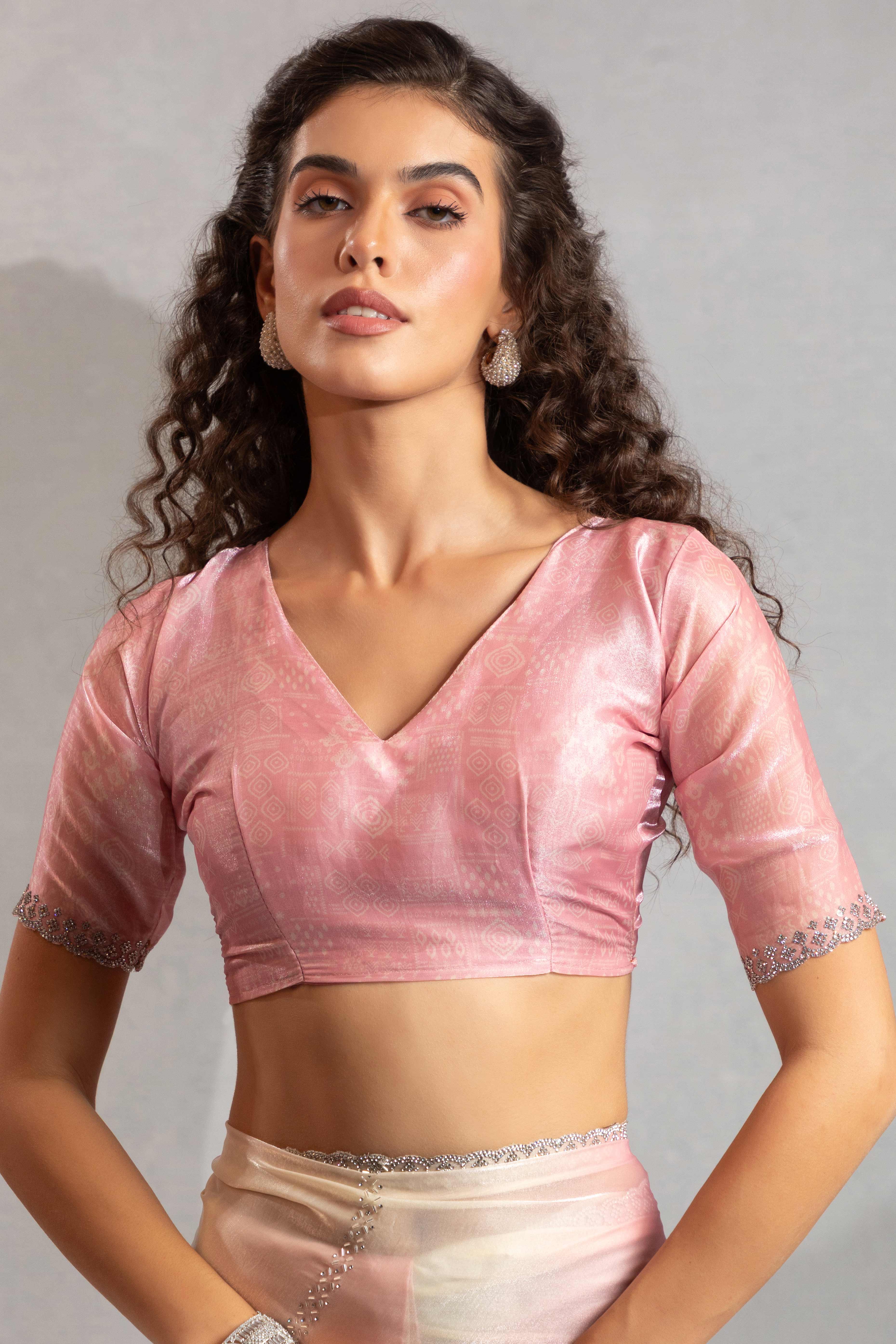 Light Pink & Off White Satin Silk Saree Decorated With Stone Embellishments