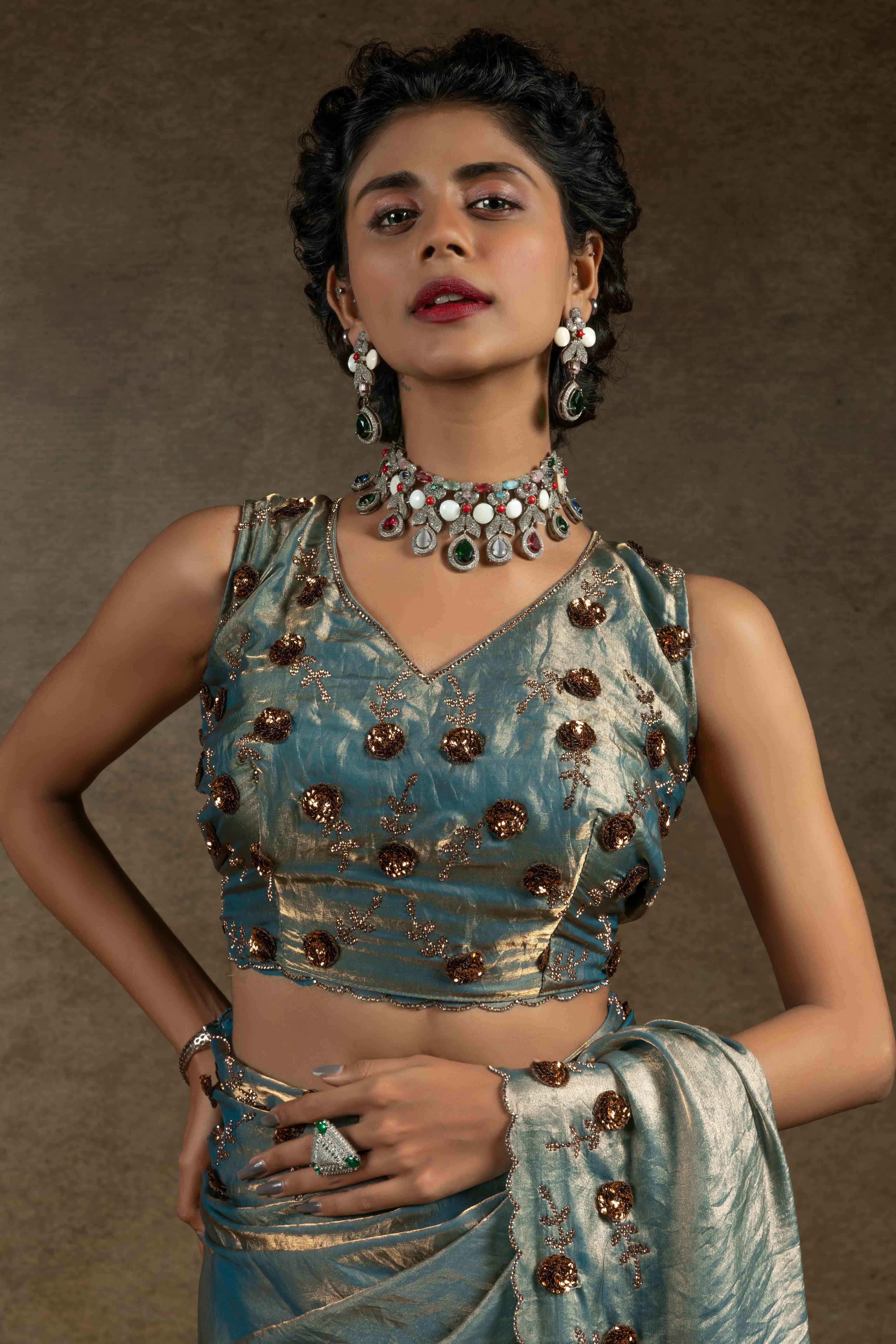 Blue Zarkan With Sequin & Beads Work Satin Silk Two Tone Saree