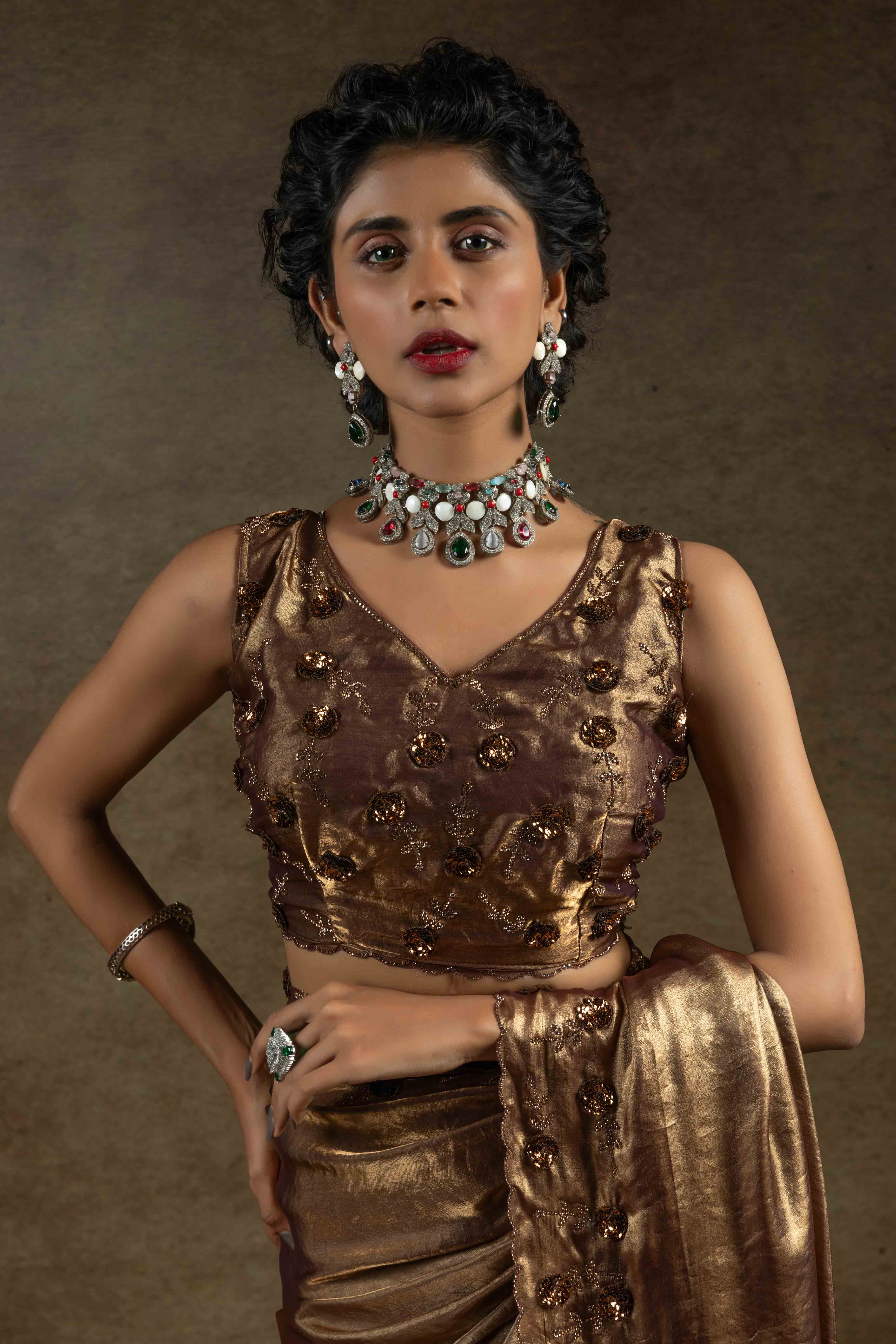 Metallic Bronze Zarkan With Sequin & Beads Work Satin Silk Two Tone Saree