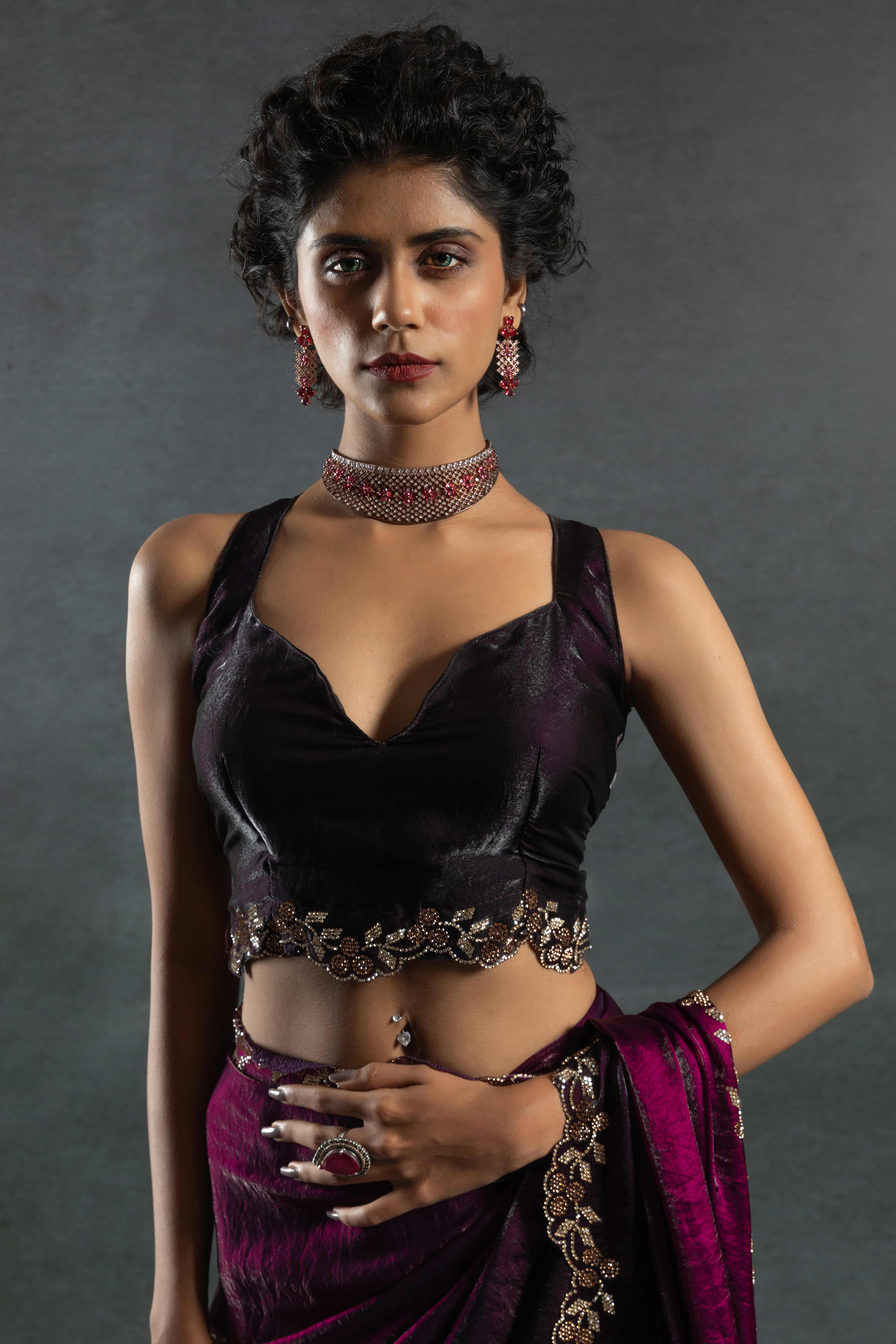 Purple Satin Silk Two Tone Saree with Intricate Zarkan Embellishments