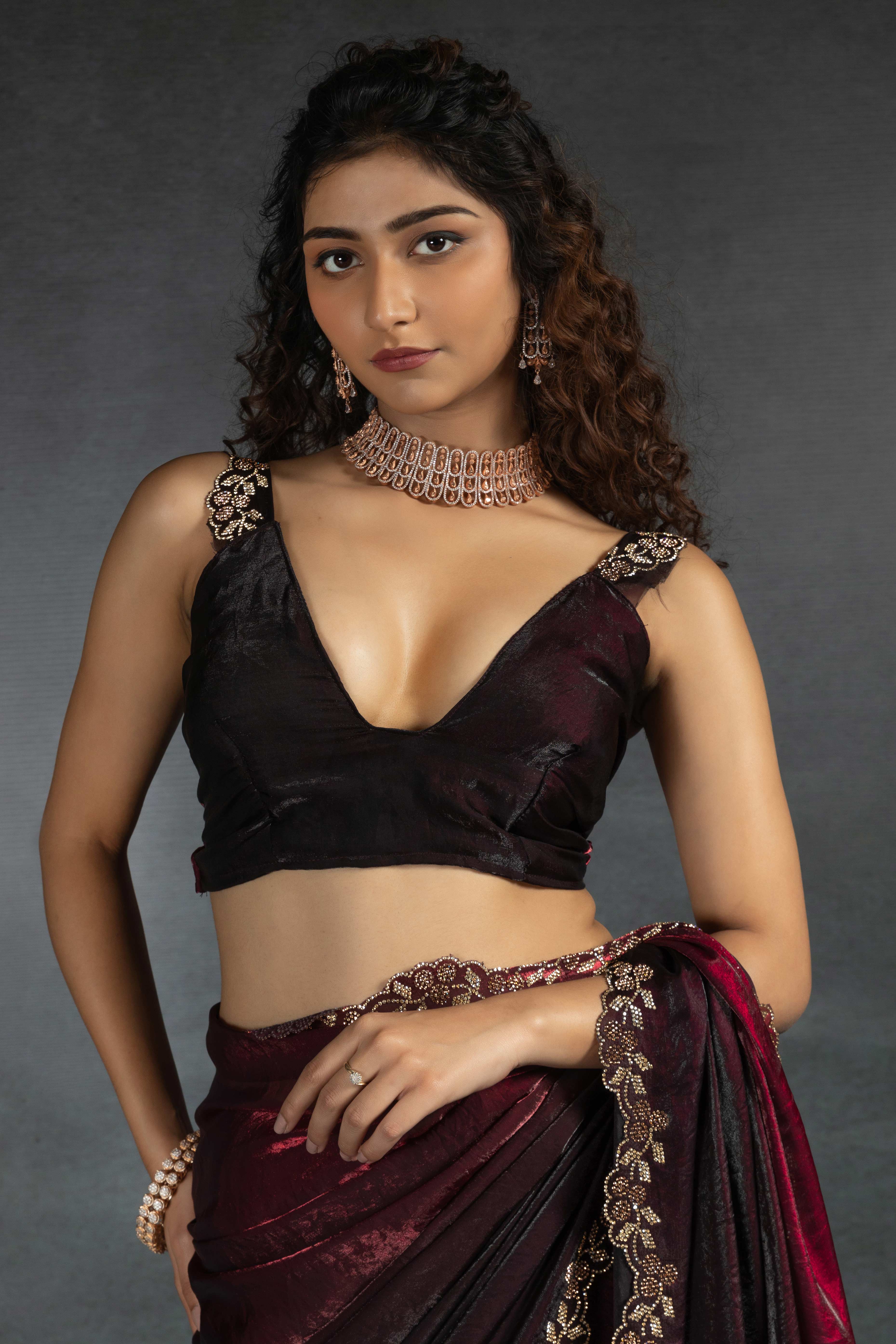 Maroon Satin Silk Two Tone Saree with Intricate Zarkan Embellishments