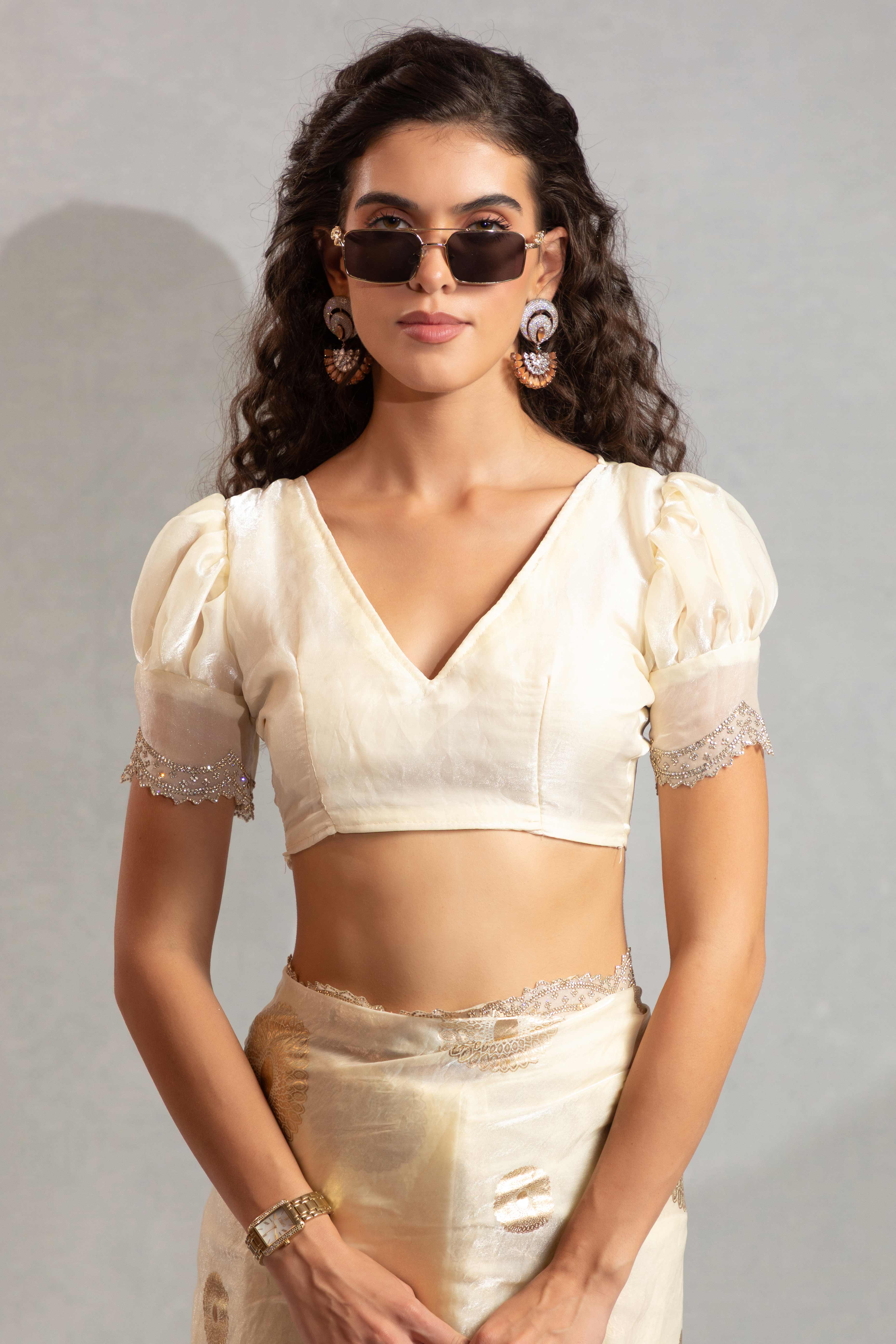 Designer Ivory White Satin Silk Embellished Saree with Alluring Stone Work