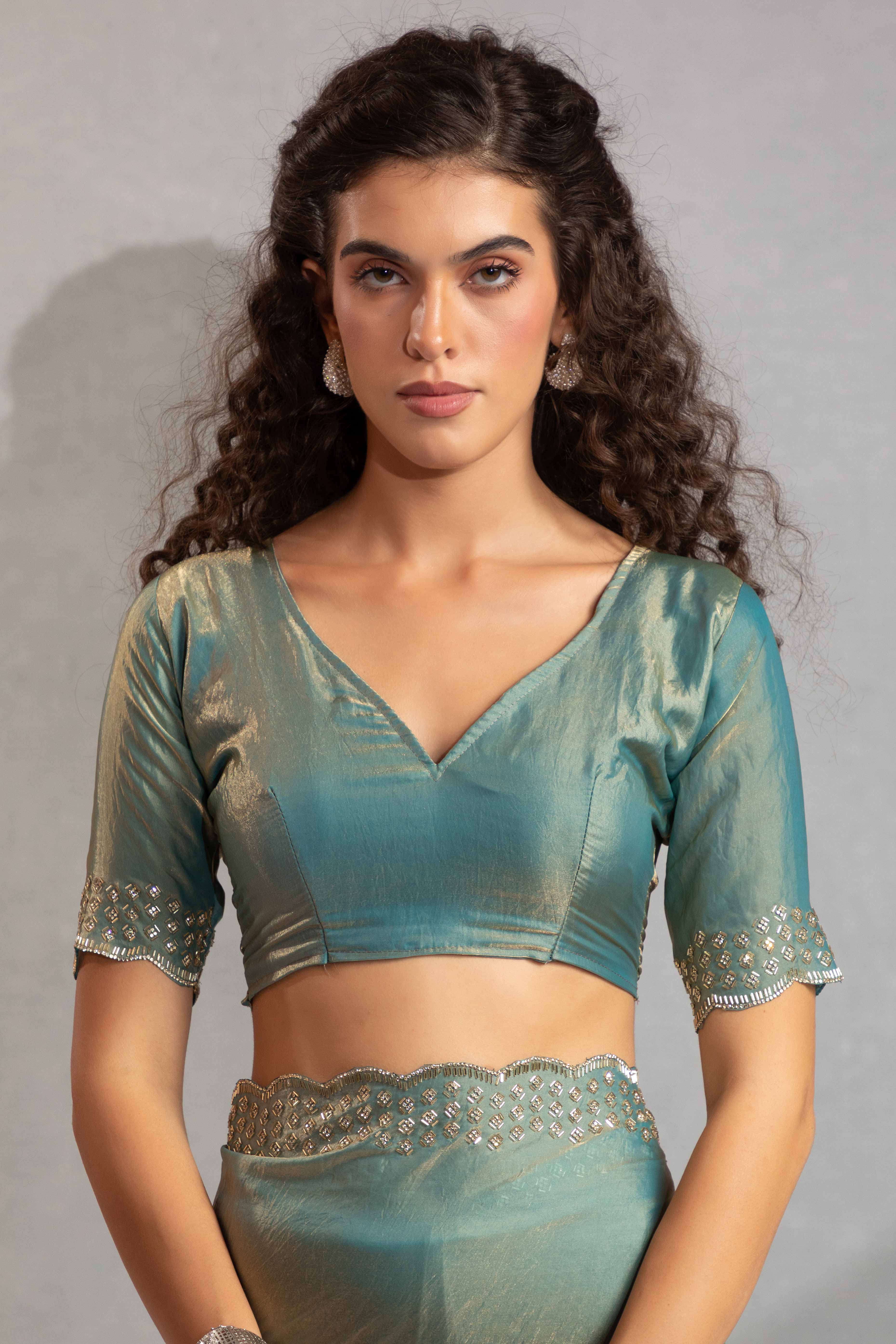 Sea Green Satin Saree with Glamorous Stone Embellishment