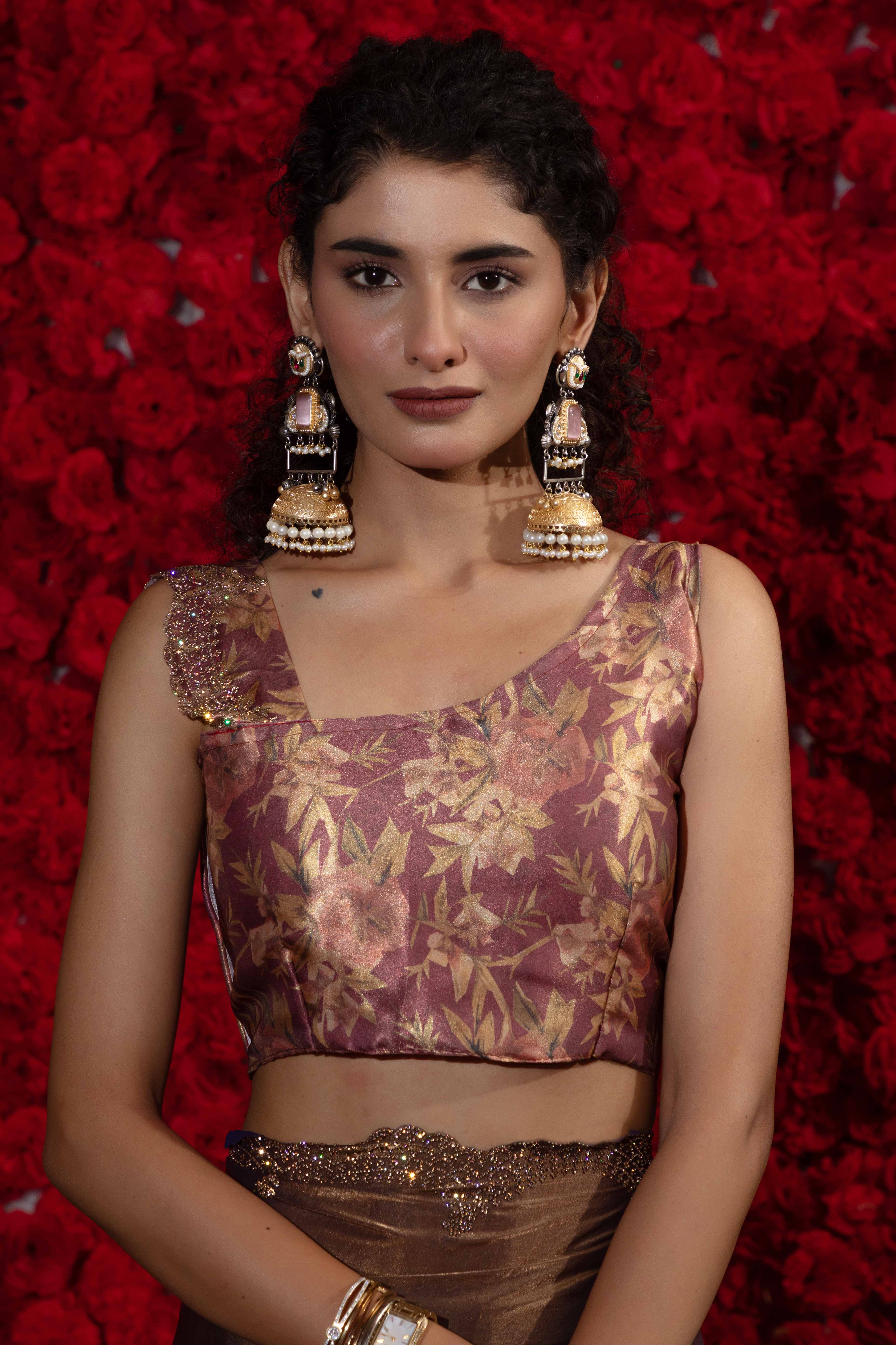 Crushed Satin Silk Embellished Saree in Bronze Brown with Sparkling Stone Work