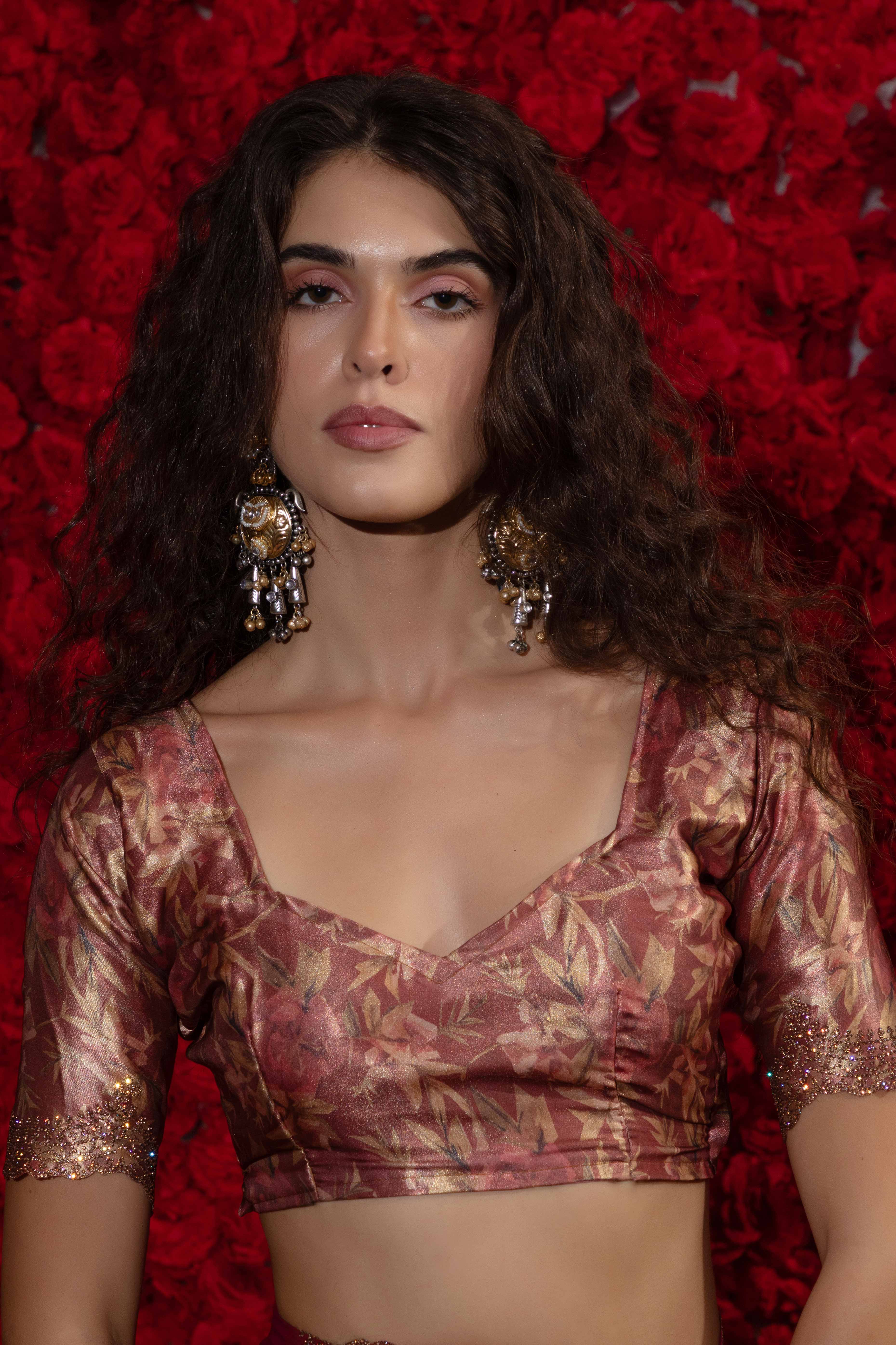 Crushed Satin Silk Embellished Saree in Rust with Sparkling Stone Work