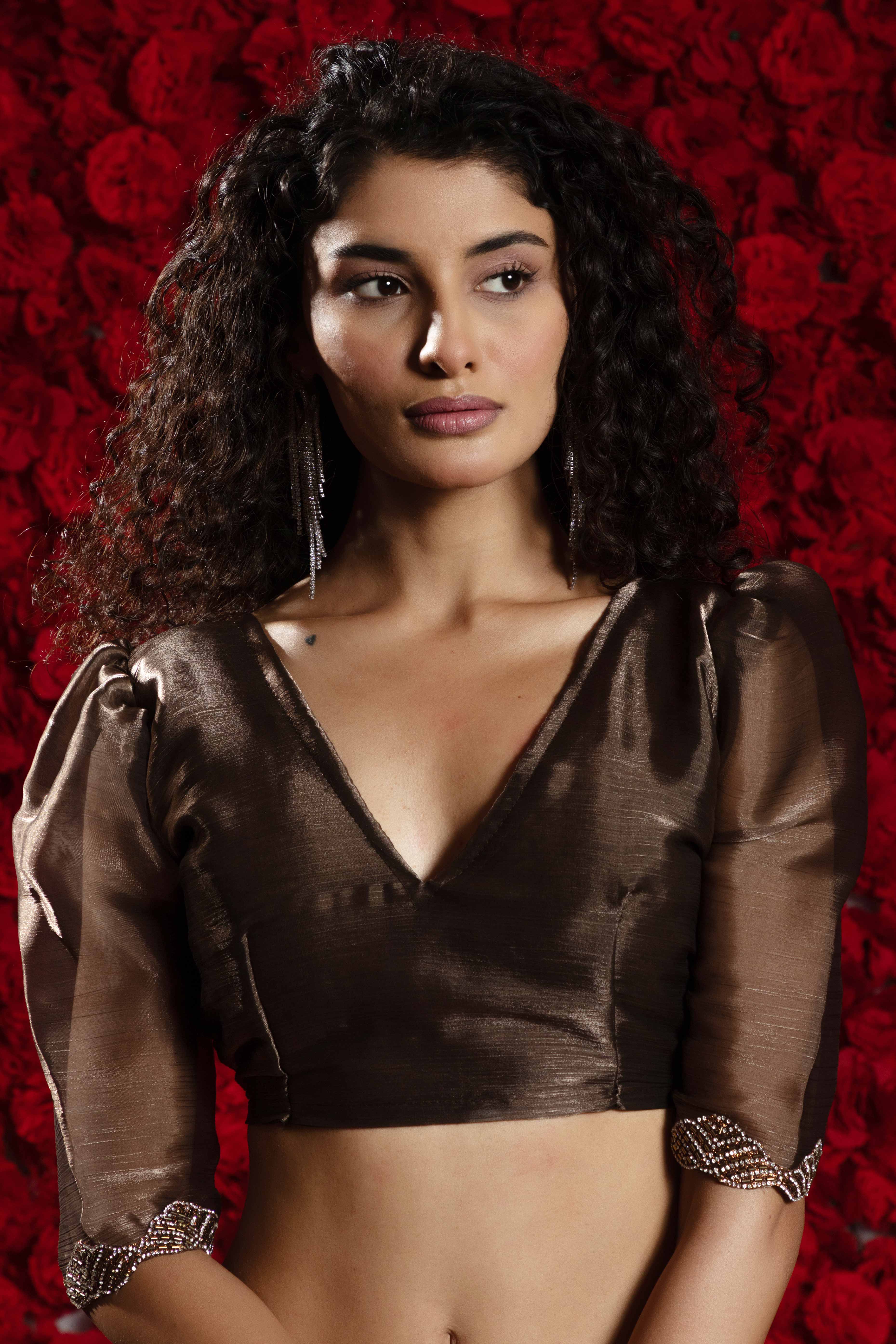 Dark Brown Solid Tissue Chiffon Saree Accentuated With A Sparkling Zarkan Work Border